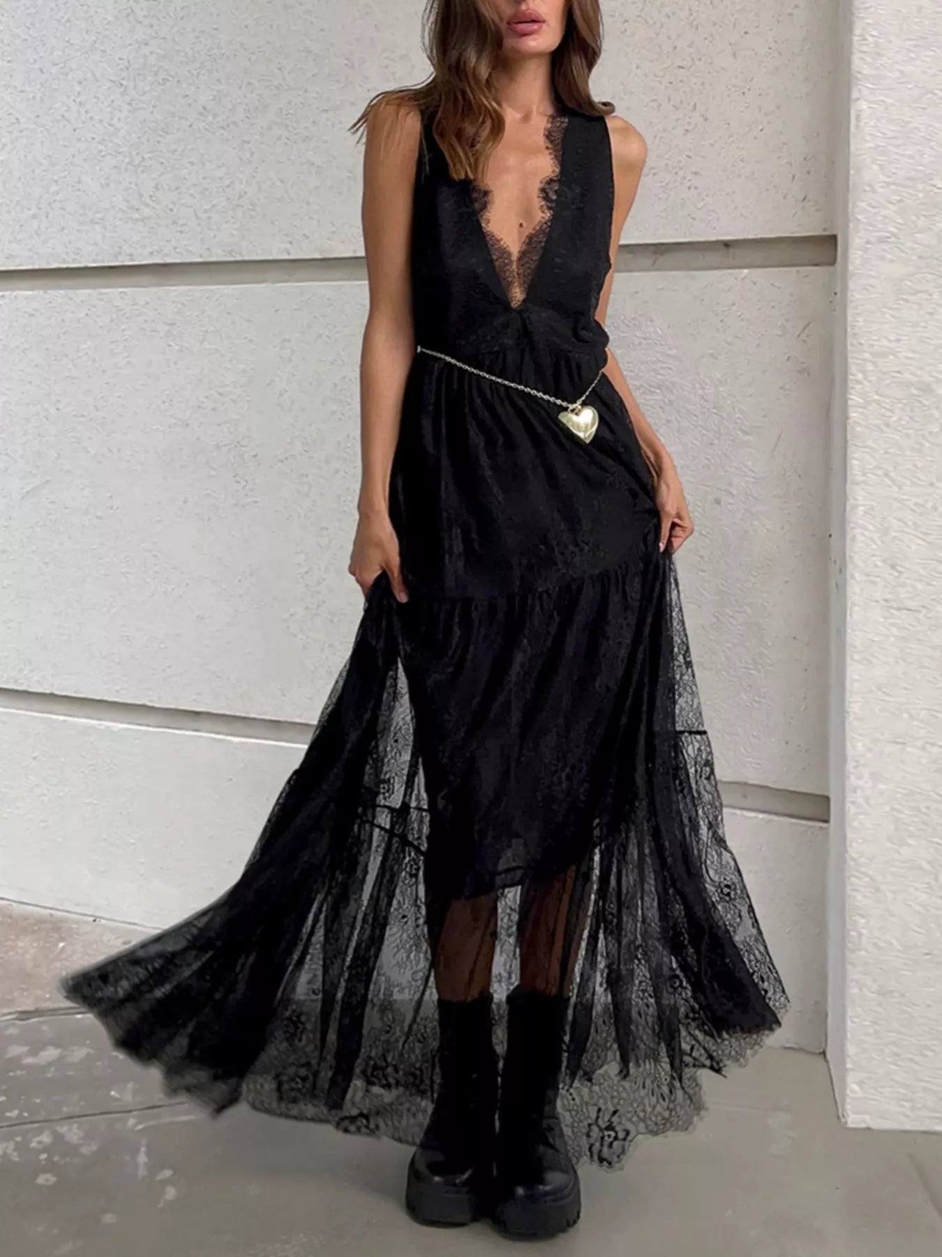 Trendsi Lace V-Neck Sleeveless Maxi Dress -