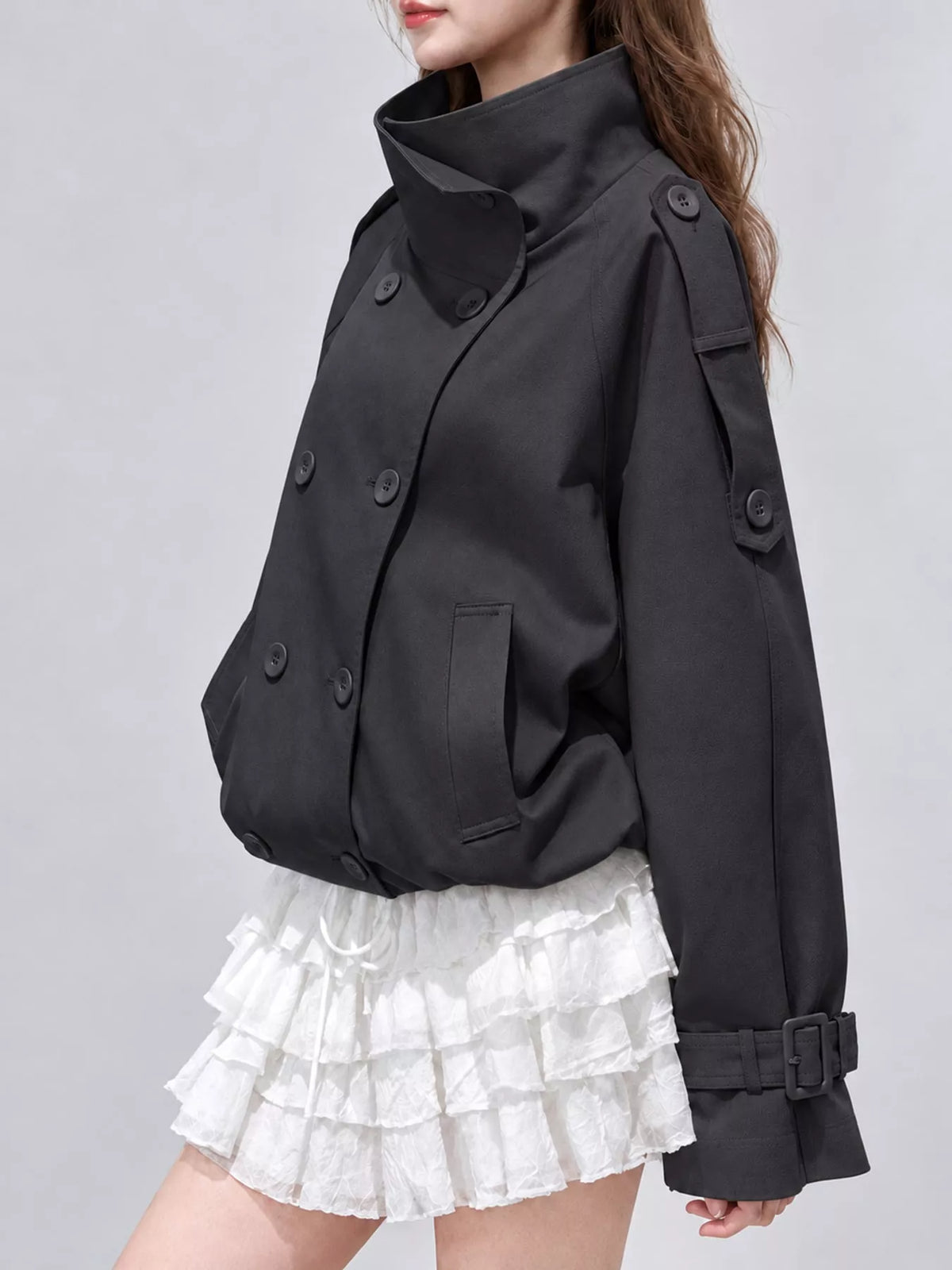 Black double-breasted stand collar cropped trench jacket