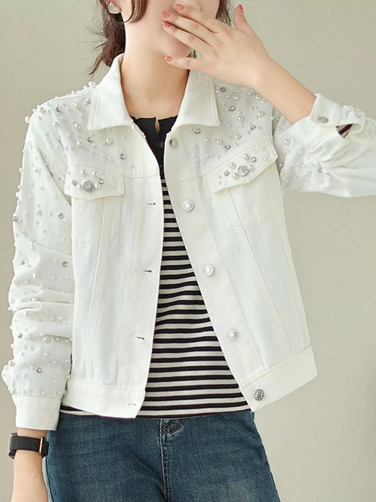 Women's Pearl Detail Button Up Denim Jacket in white — front view