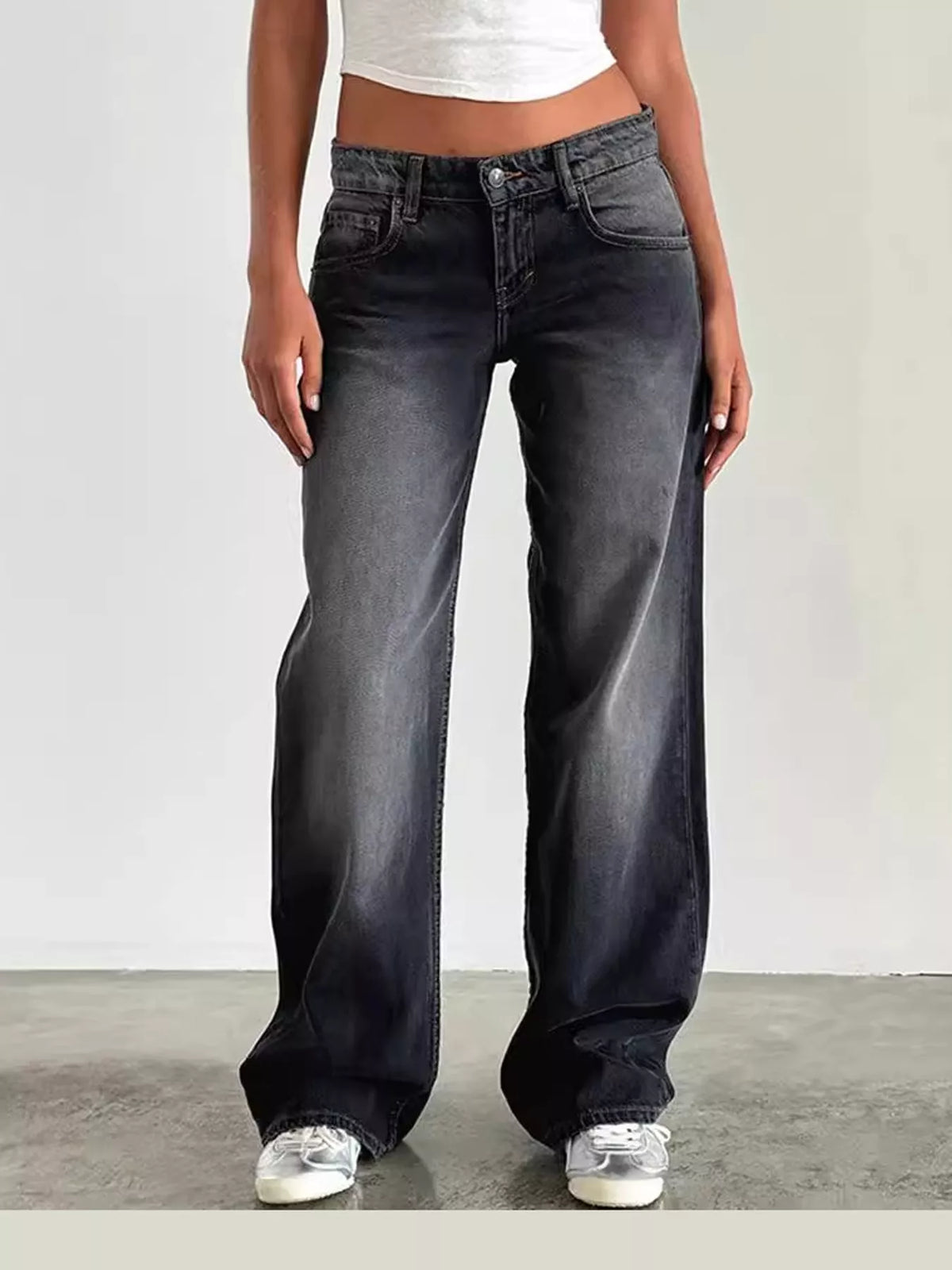 Vintage Wash Low-Rise Wide-Leg Jeans — front view