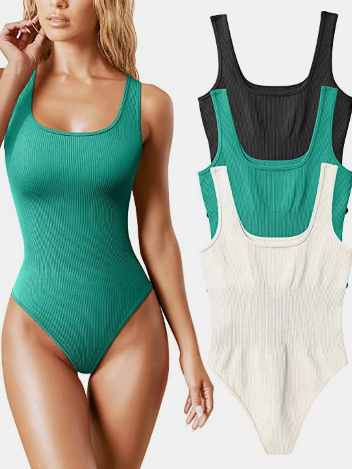 Ribbed bodysuit, green front with color options