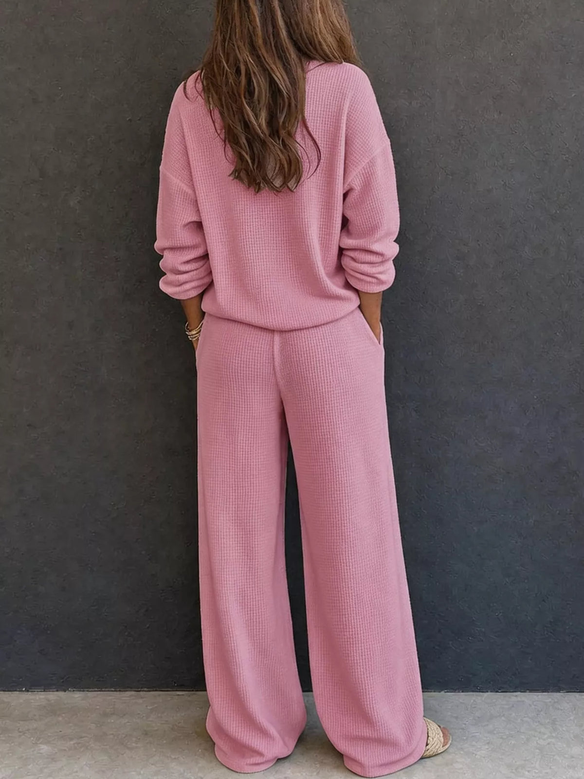 Pink waffle knit button detail top and pants set, back view