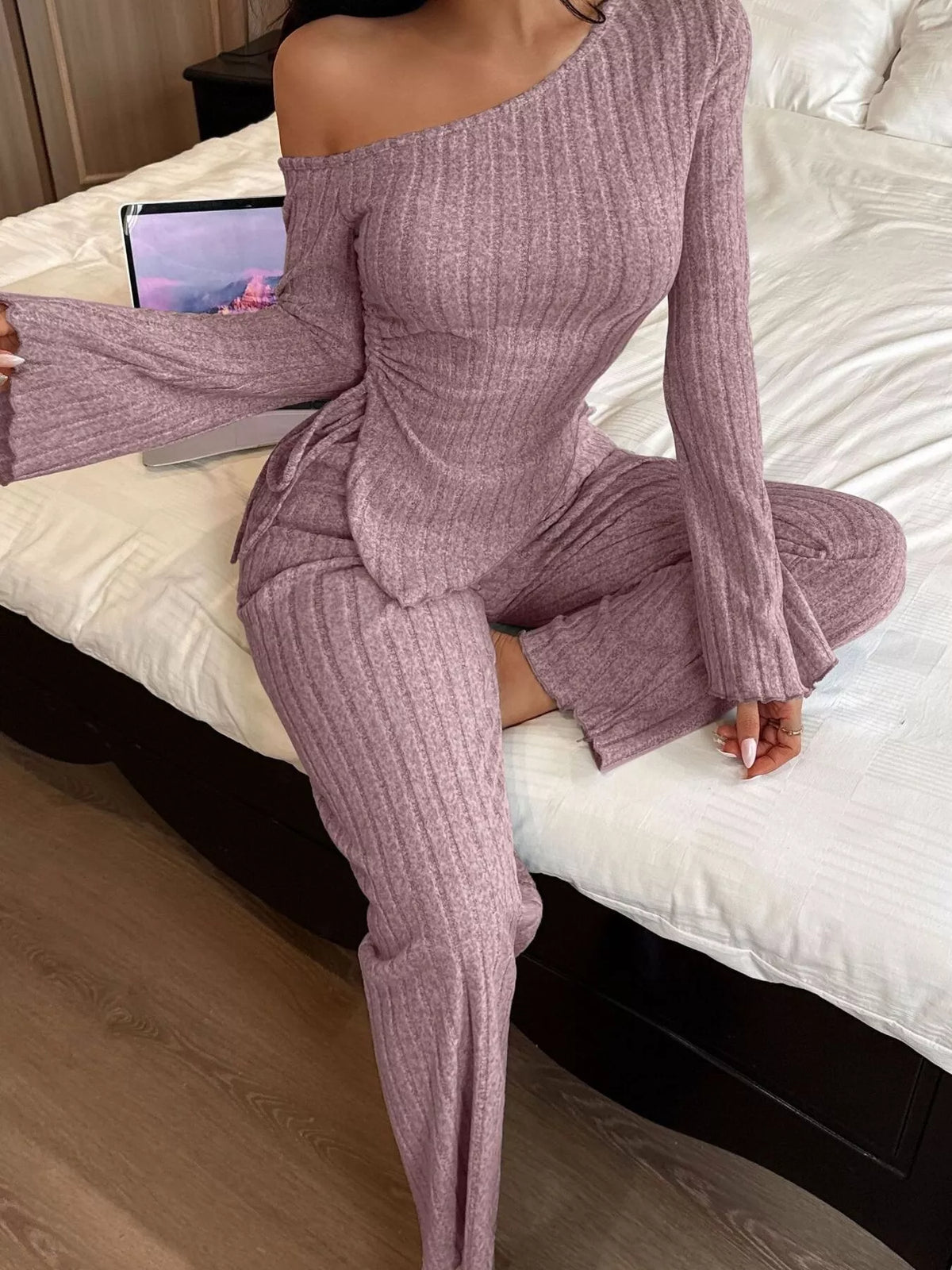 Trendsi One-Shoulder Ribbed Knit Top and Pants Set -