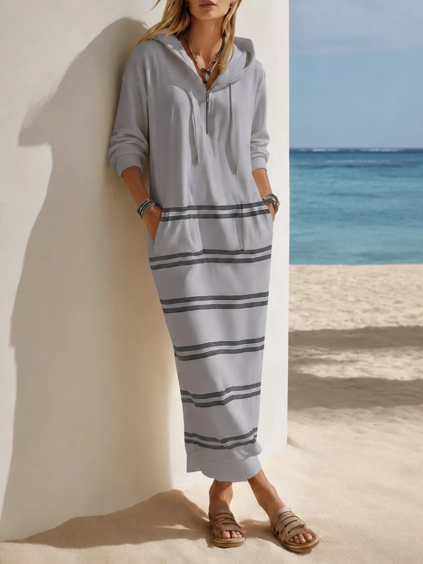 Trendsi Casual Striped Drawstring Hooded Dress -