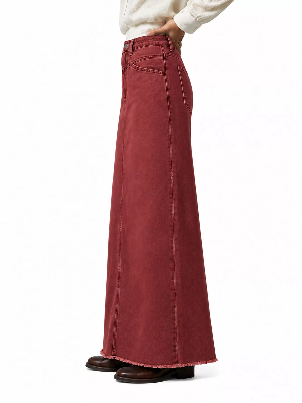 Raw Hem Maxi Denim Skirt — side view