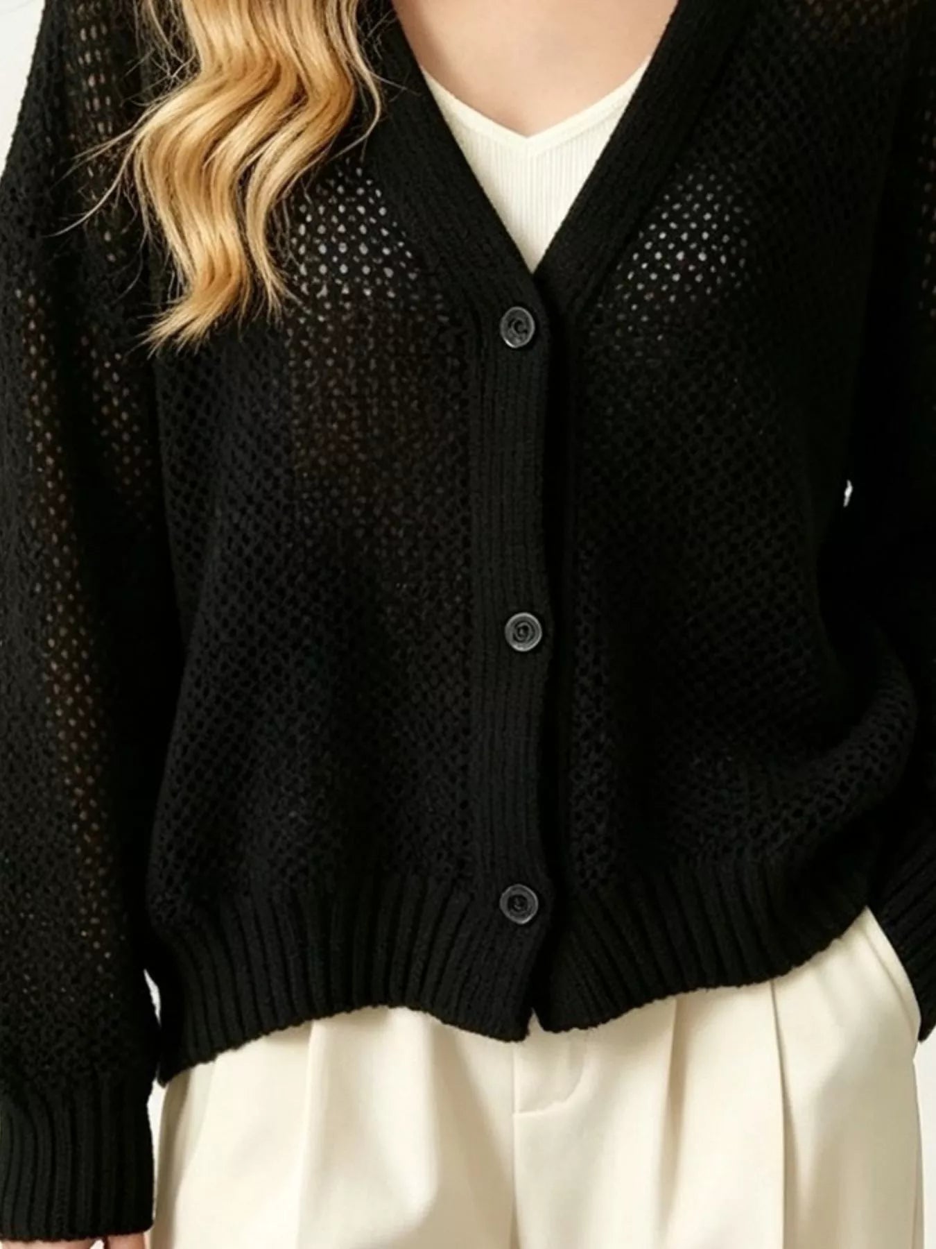 Trendsi V-Neck Open-Knit Button-Down Cardigan -