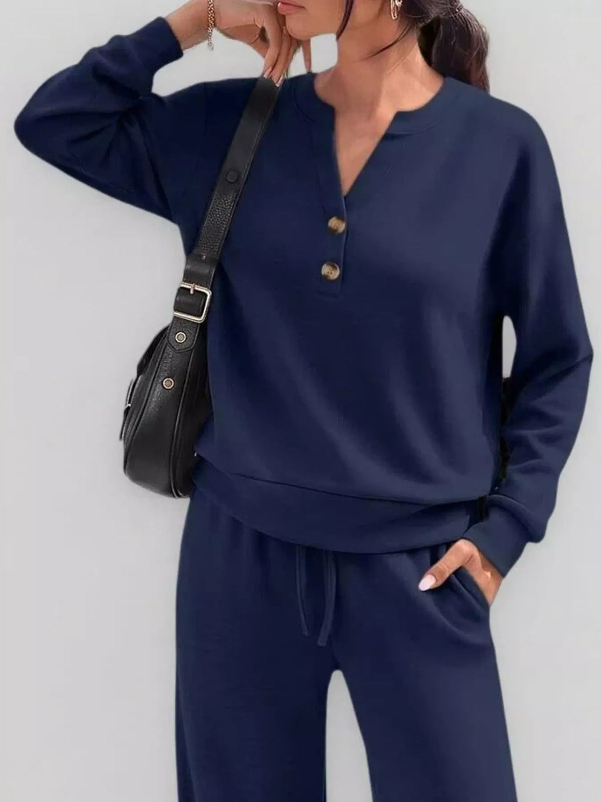 Button-detail dropped-shoulder top and pants set