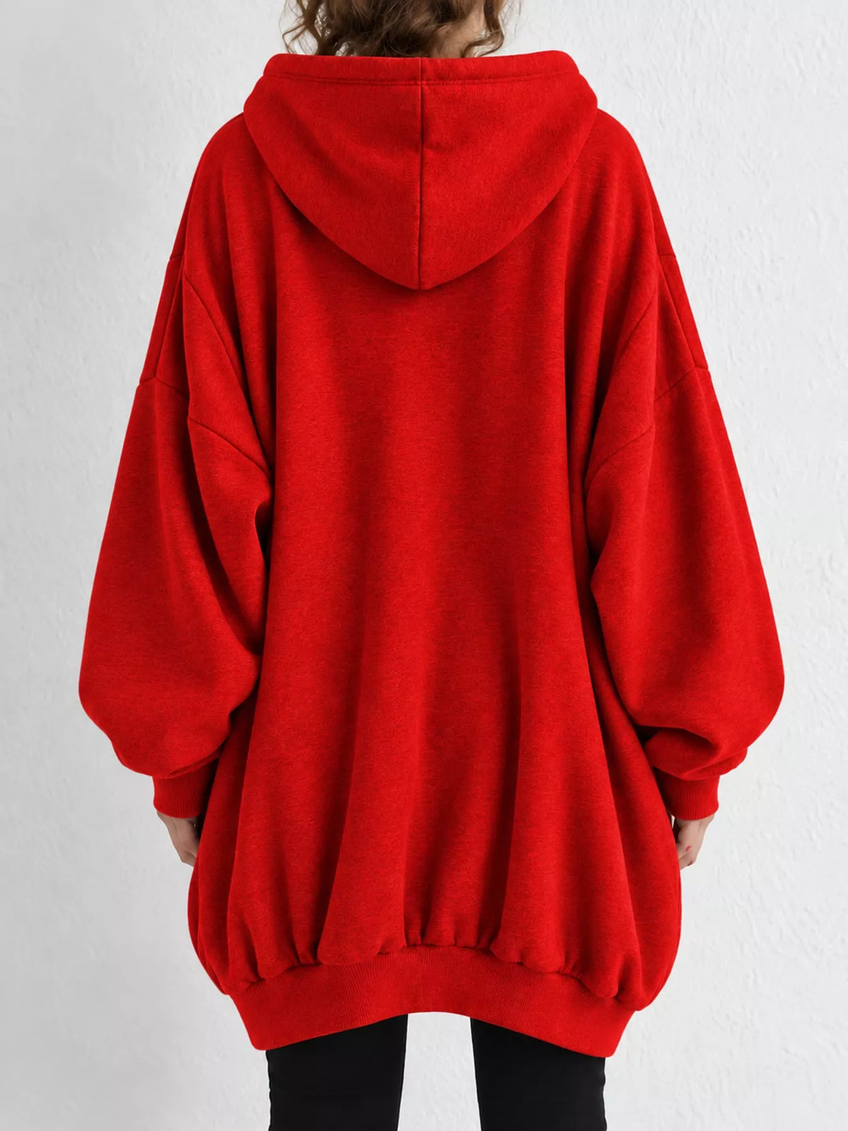 Red drawstring zip-up oversized hoodie, back view