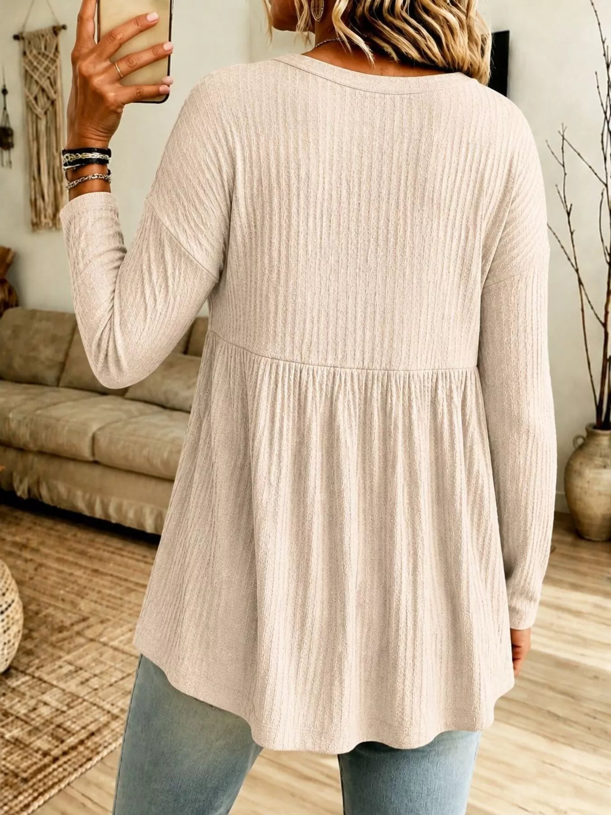 Button Detail Knitted Top in beige, back view