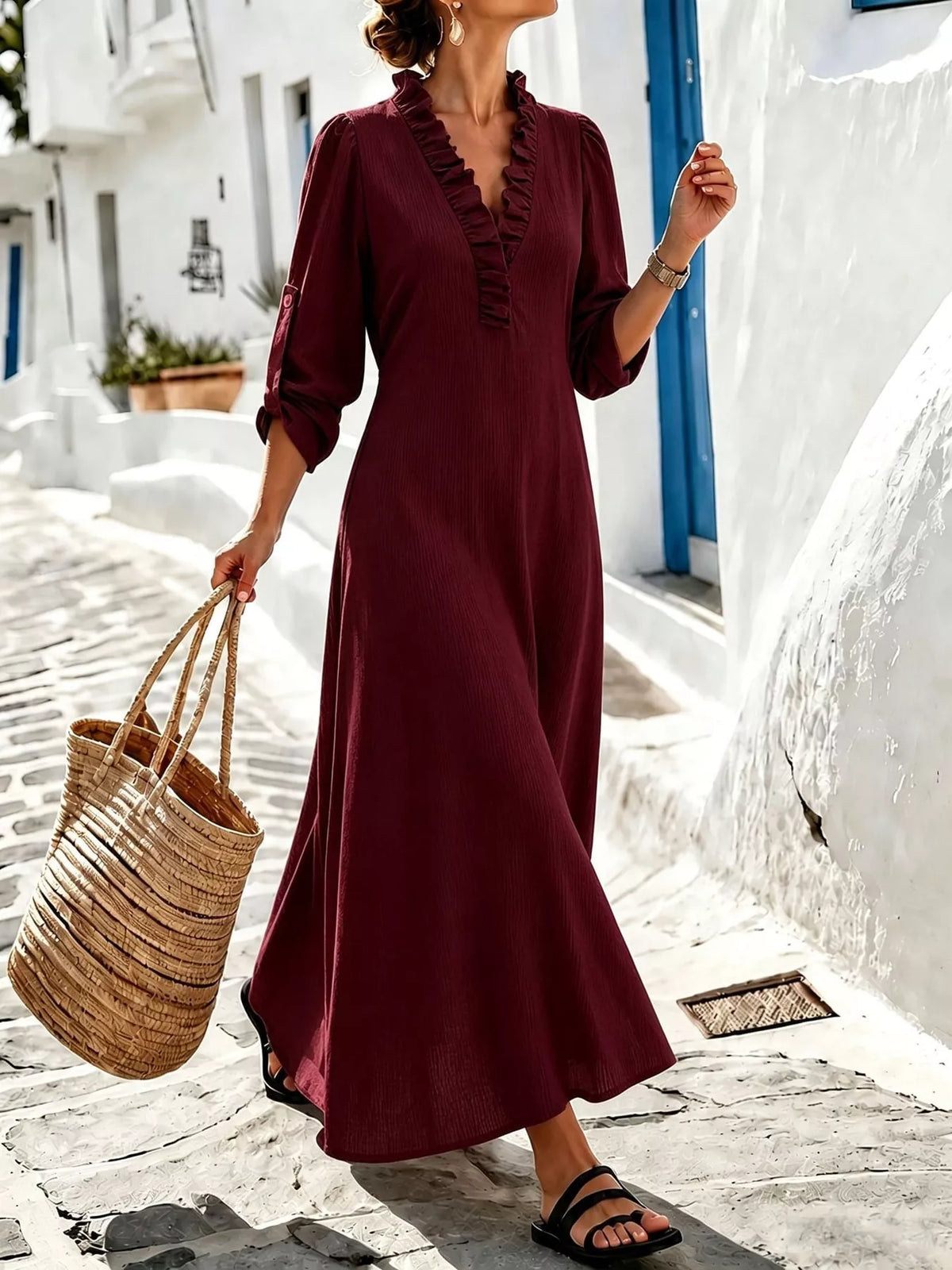 Frill-trim maxi dress, burgundy front