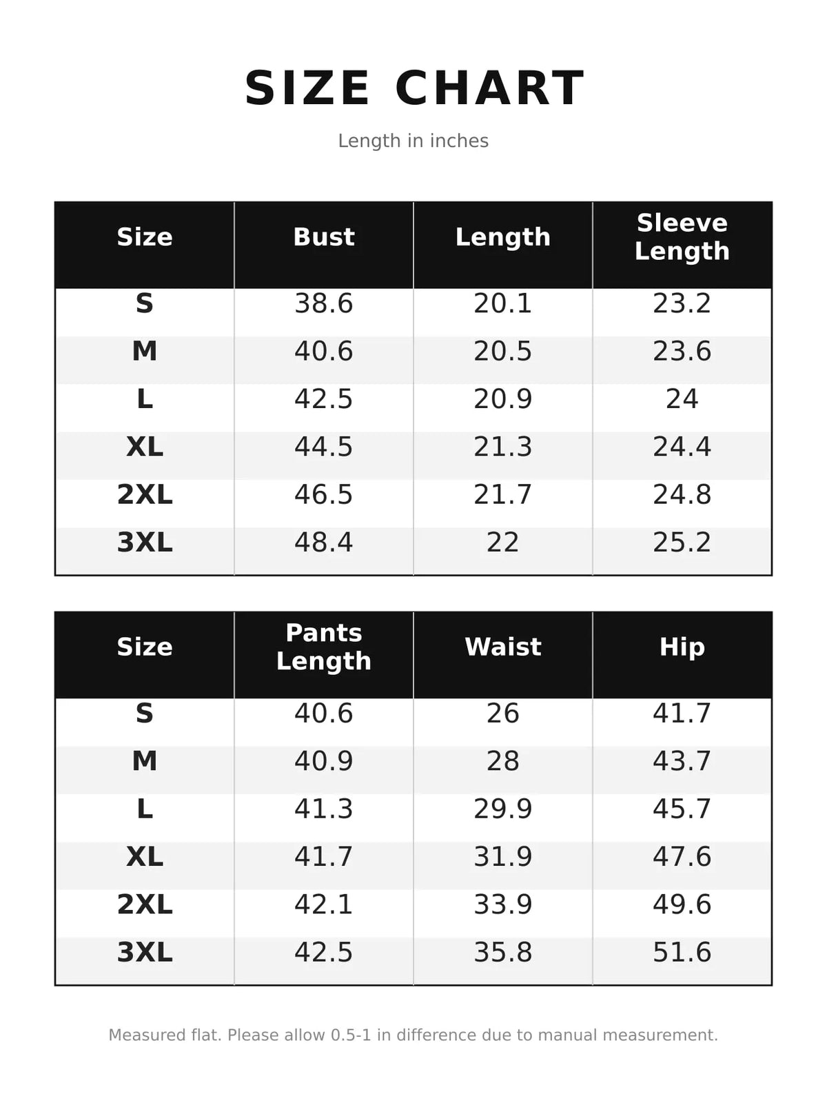 Size chart for corduroy button up blazer and pants set