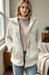 Trendsi Double Take Full Size Check Fuzzy Sherpa Hooded Zip Up Teddy Winter Coat with Pockets Plus Size -
