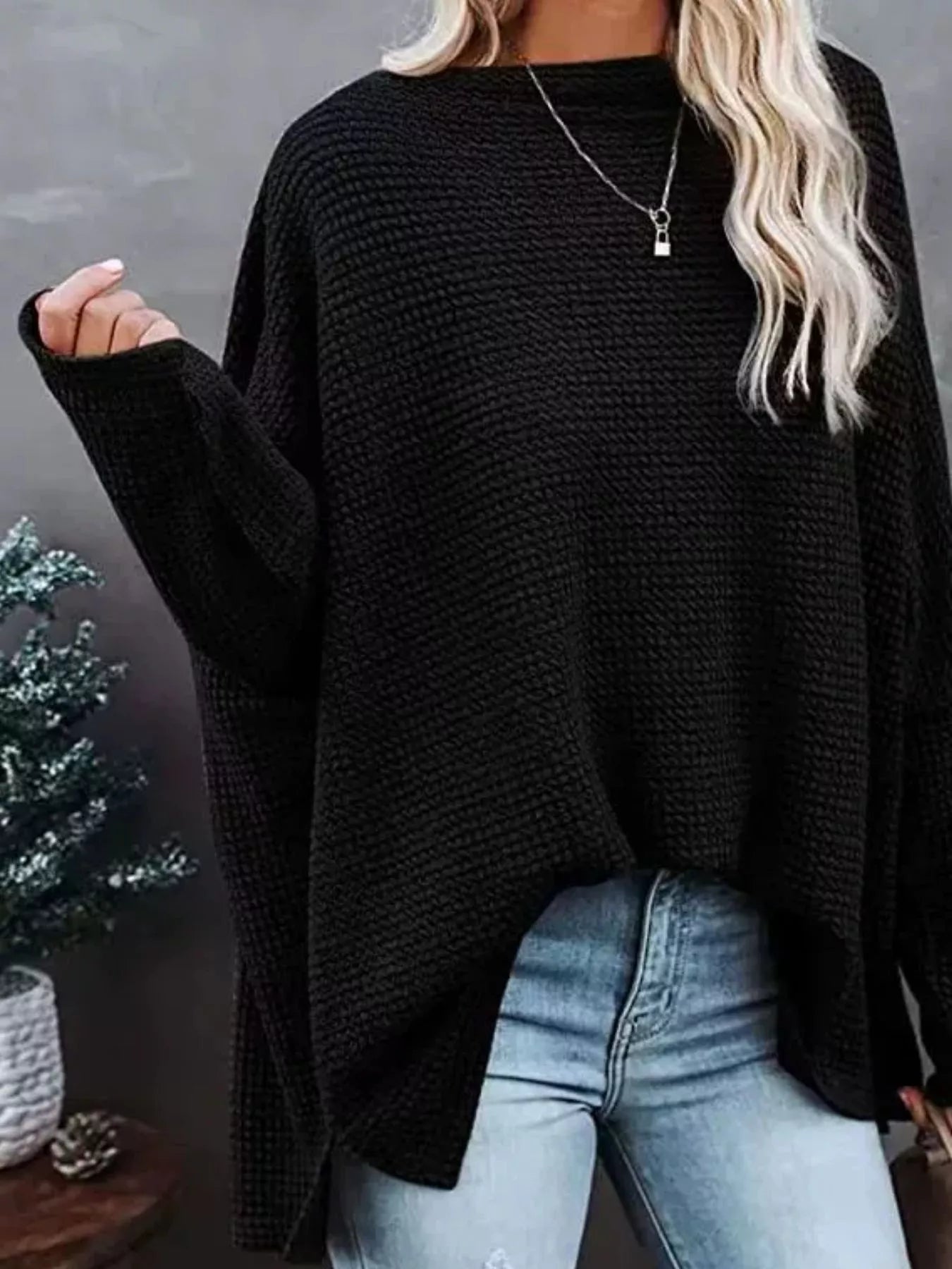 Trendsi Boat Neck Waffle Knit Top -