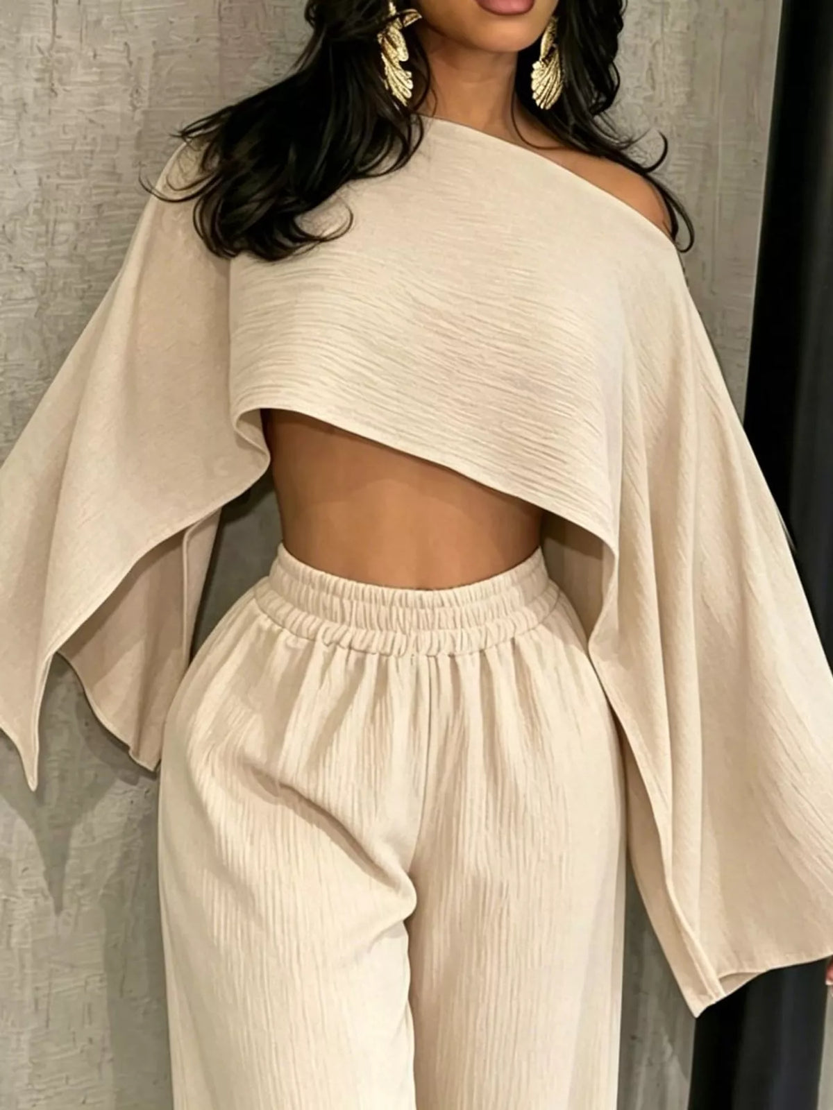 Women's Boat Neck Crop Top and Wide-Leg Pants Set in cream — bodice detail view