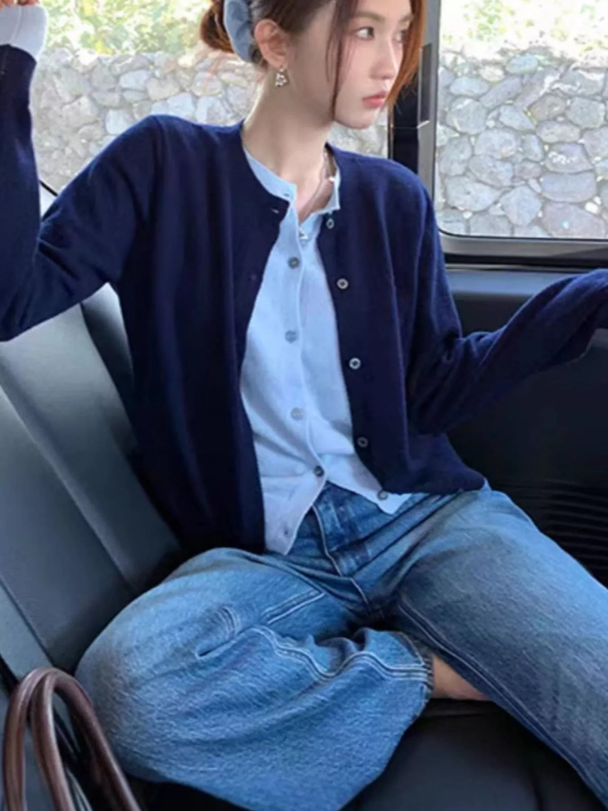 Button-Down Knit Cardigan in navy blue