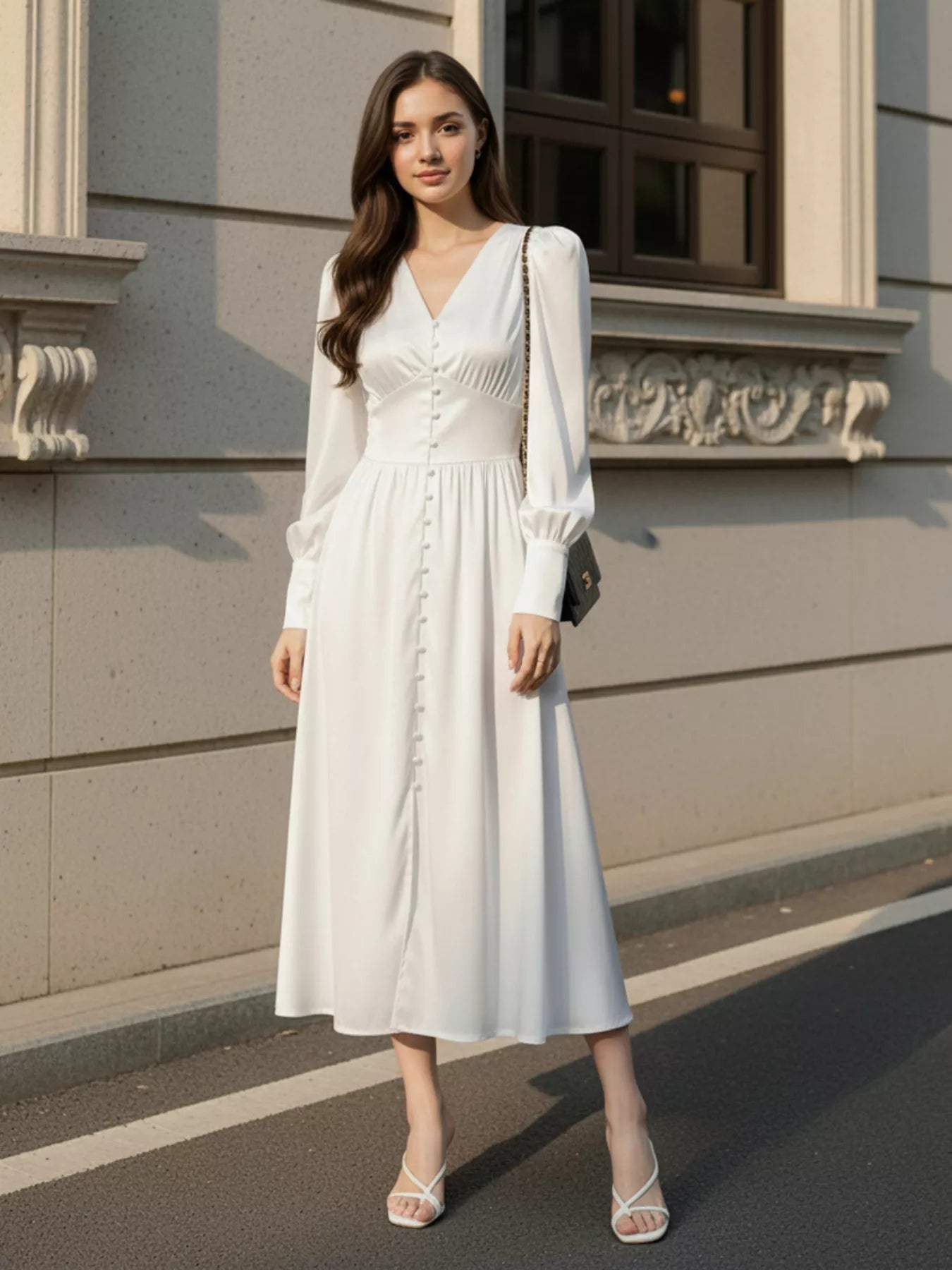 Trendsi V-Neck Lantern Sleeve Midi Dress -