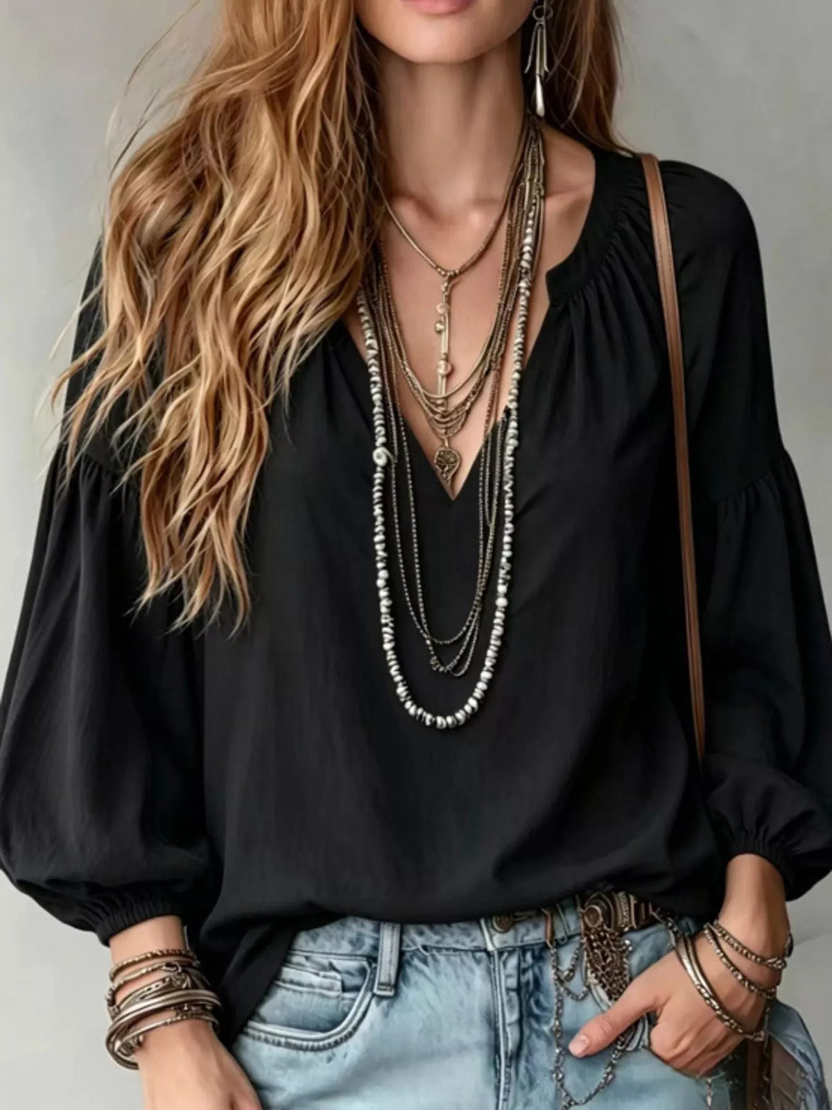 Notched Balloon Sleeve Blouse in black, front view