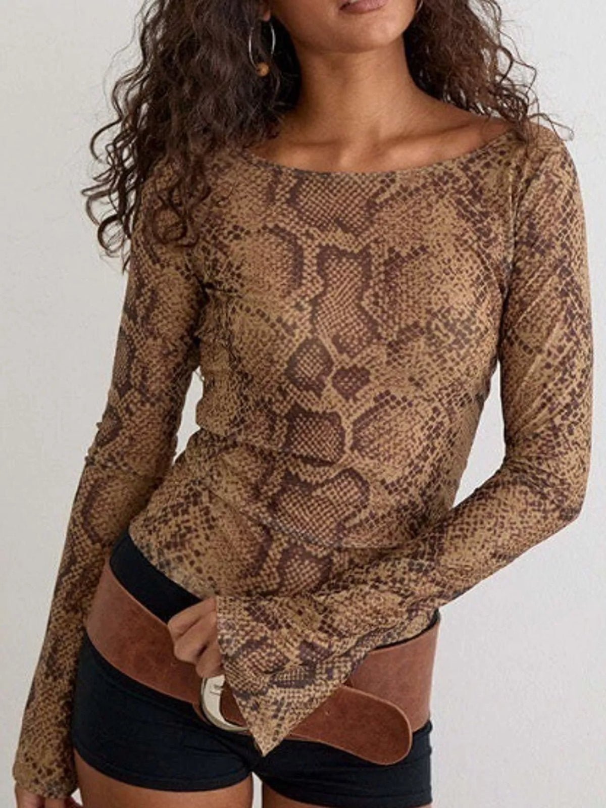 Boat neck long sleeve t-shirt, front view on model