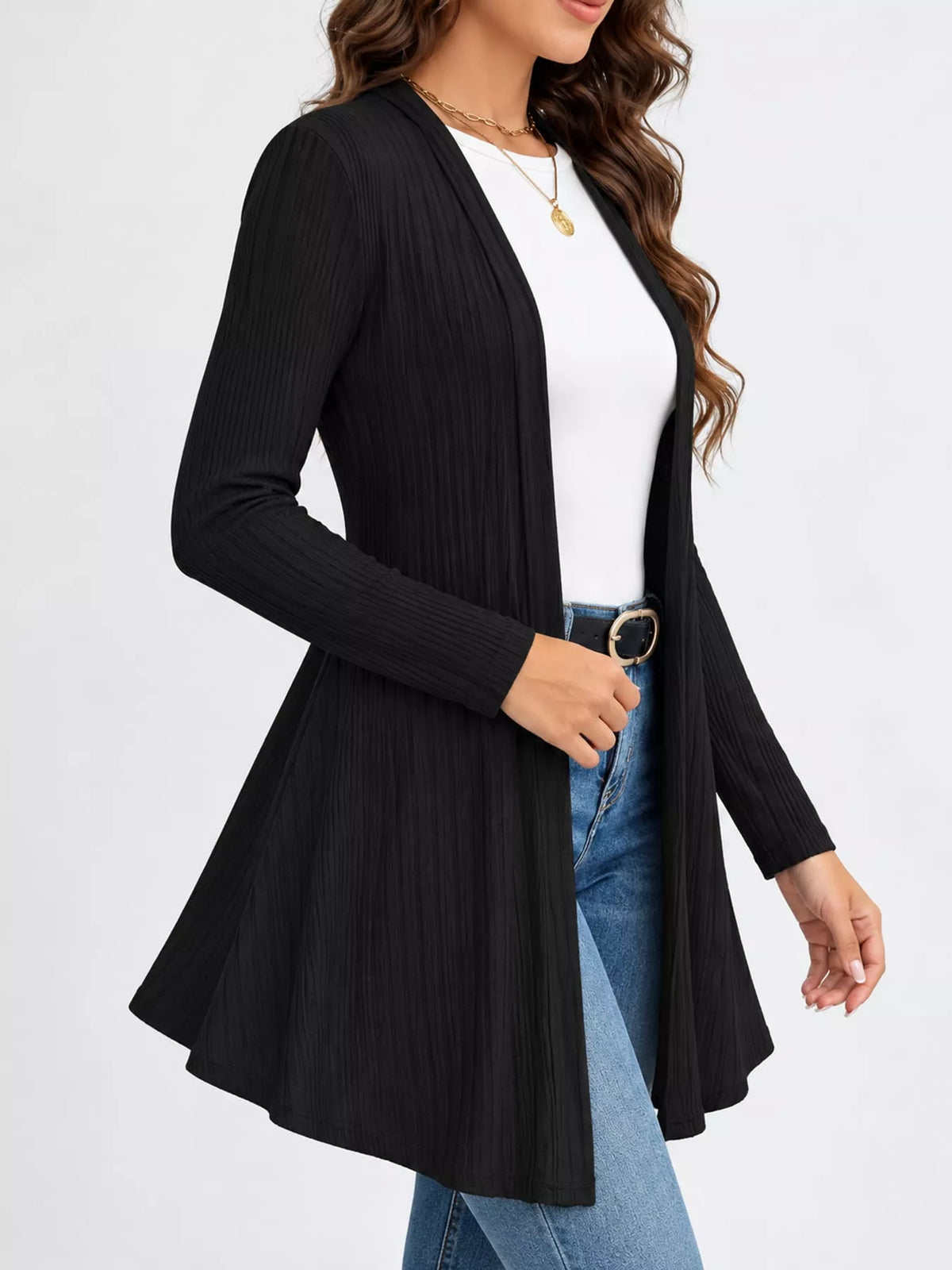 Black ribbed knit open front cardigan