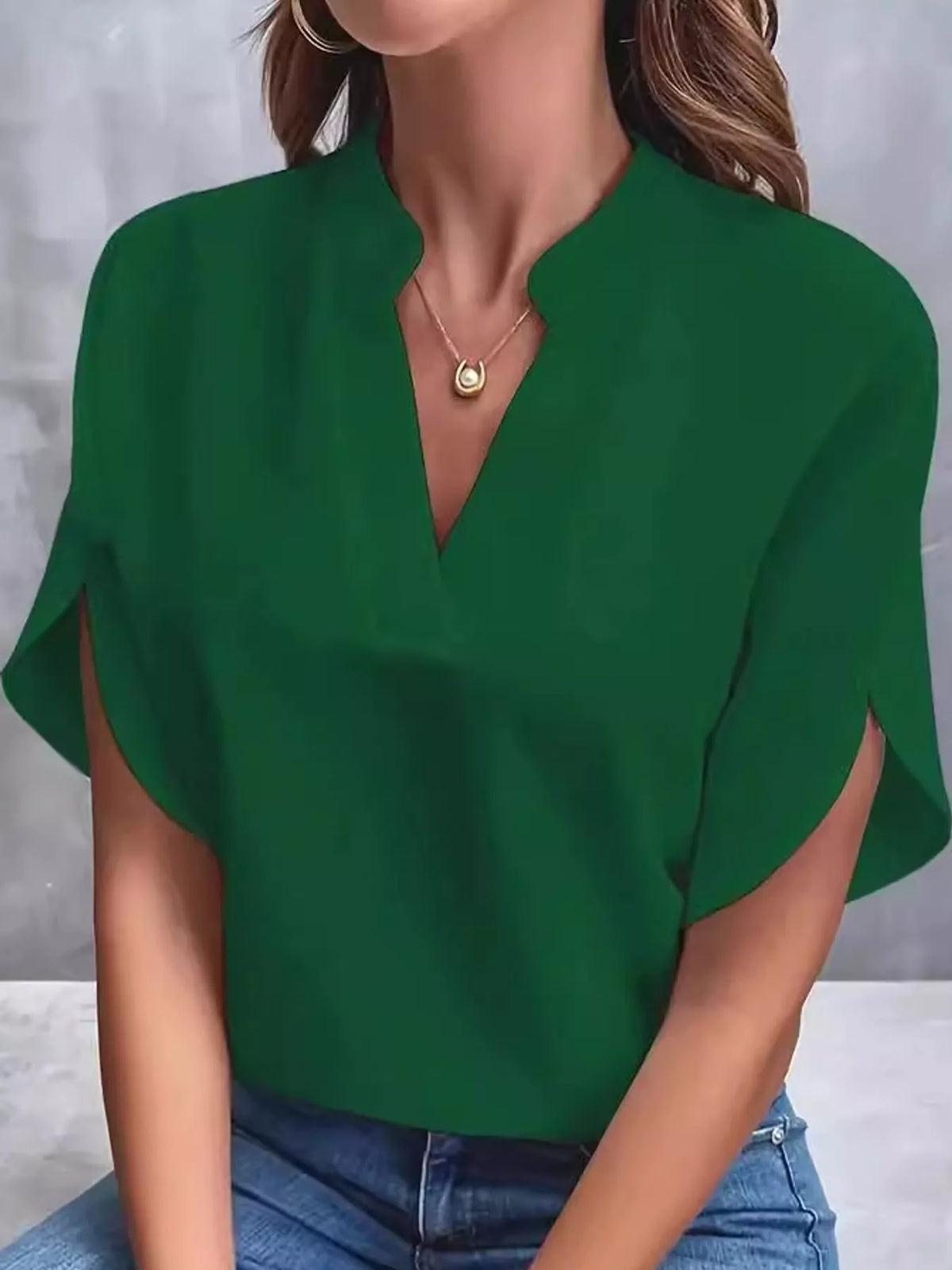 Women's Notched Slit Short Sleeve Blouse in green — front view