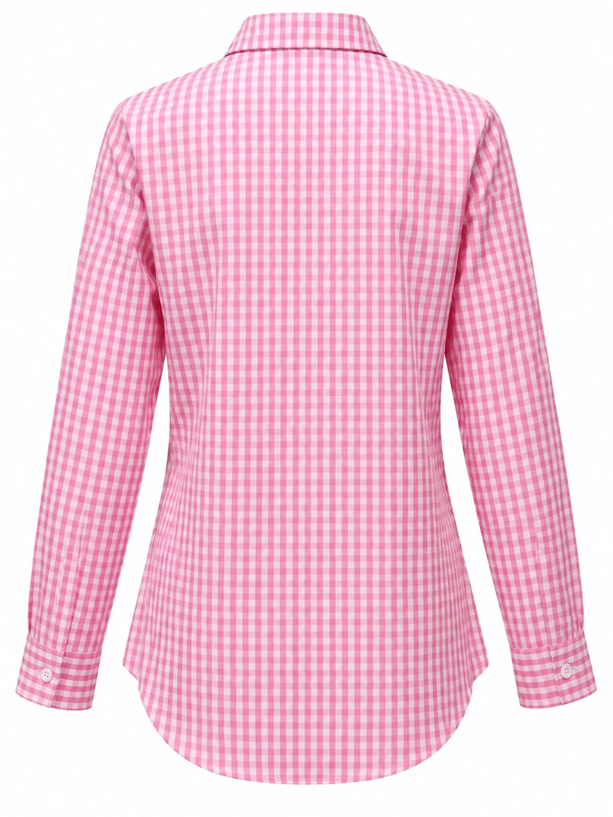 Pink and white plaid button-down shirt, back view
