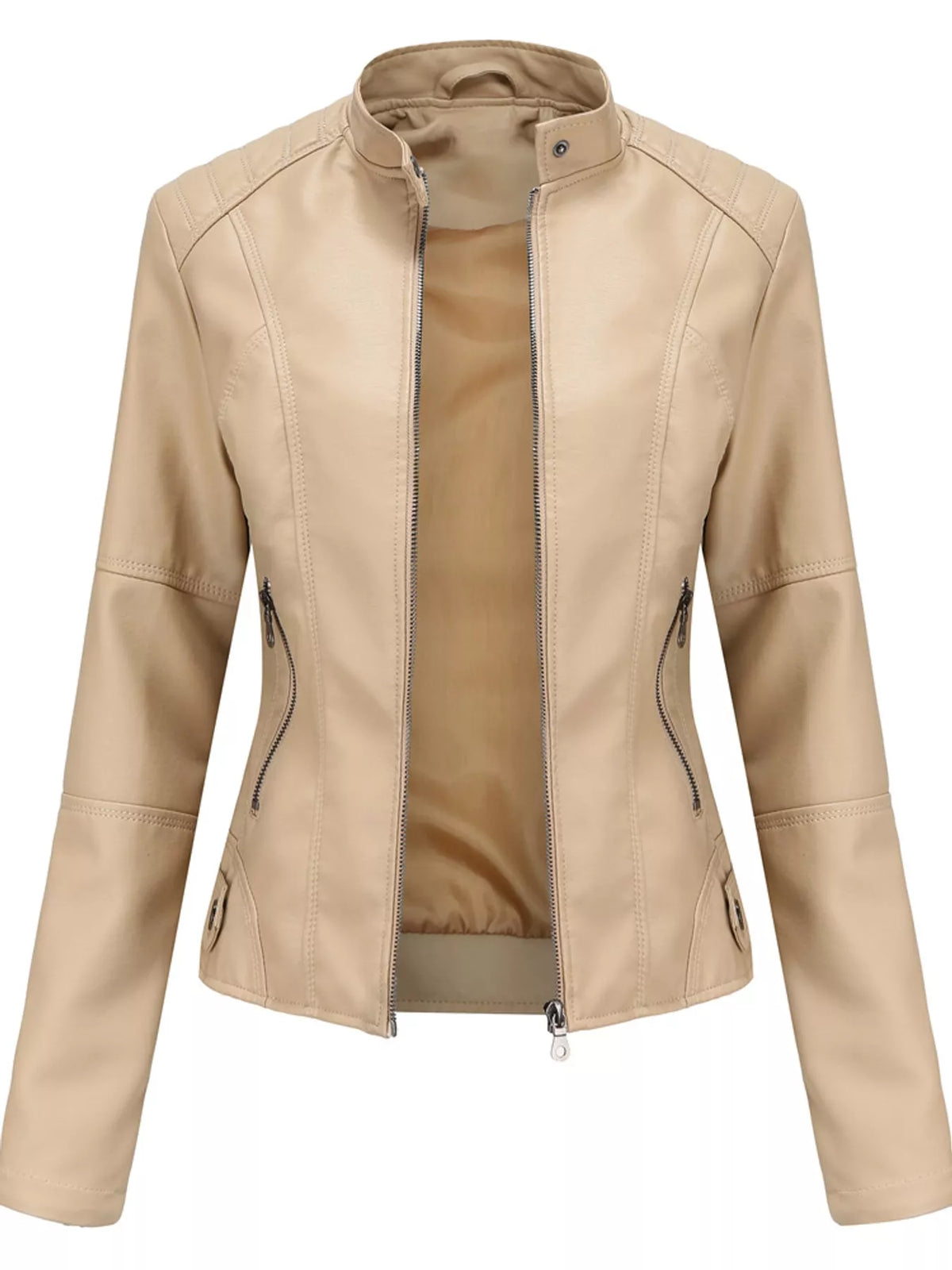 Faux-leather moto jacket, beige open front