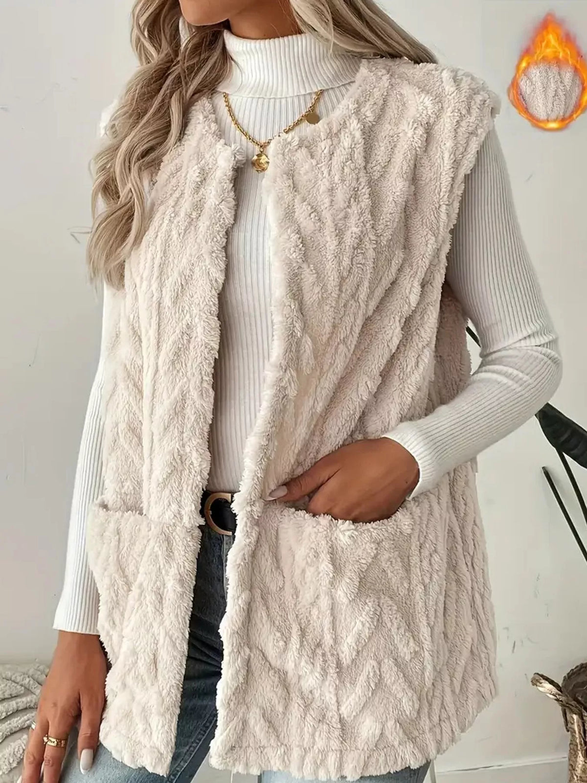 Cream sherpa open front vest coat