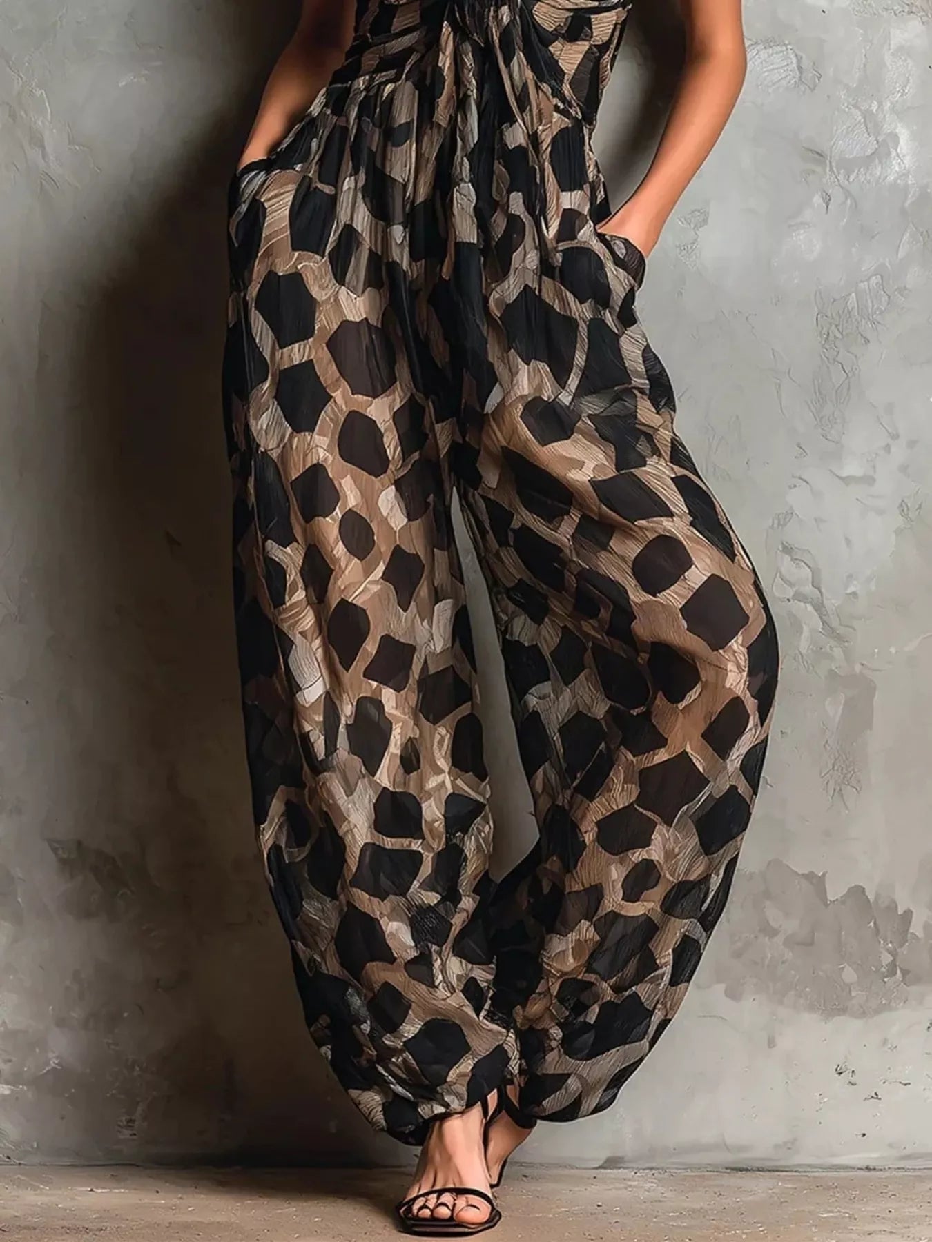 Trendsi Leopard Front Tie Detail Wide-Leg Jumpsuit -