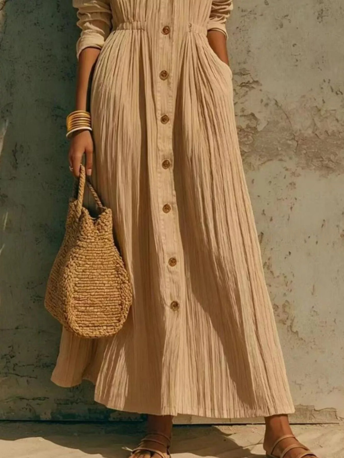 Tan button-down textured maxi shirt dress
