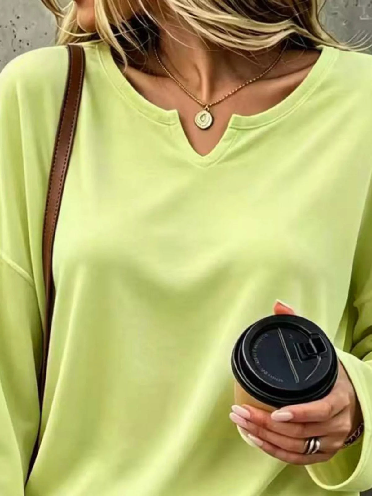 Lime Loose-Fit Notch Neck Long Sleeve T-Shirt neckline detail