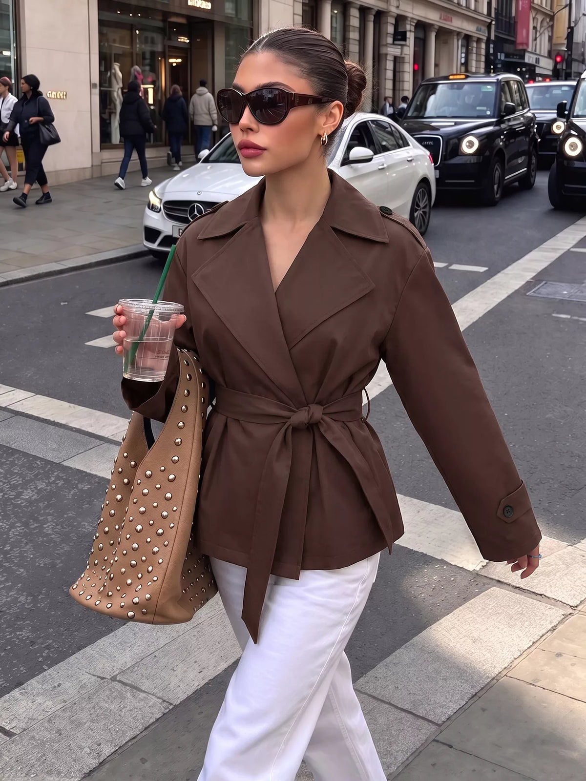 Lapel Collar Tie-Waist Jacket — front view