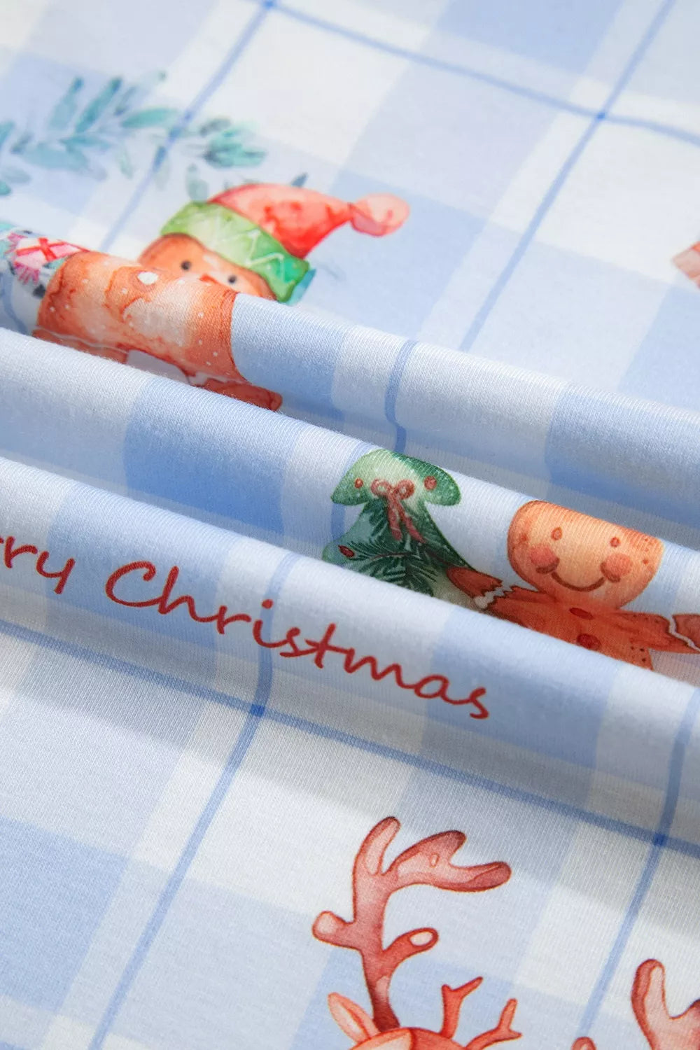 Light blue Christmas print plaid pajama set, fabric detail