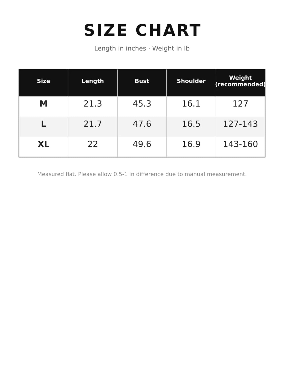 Size chart for cropped zip-up puffer vest