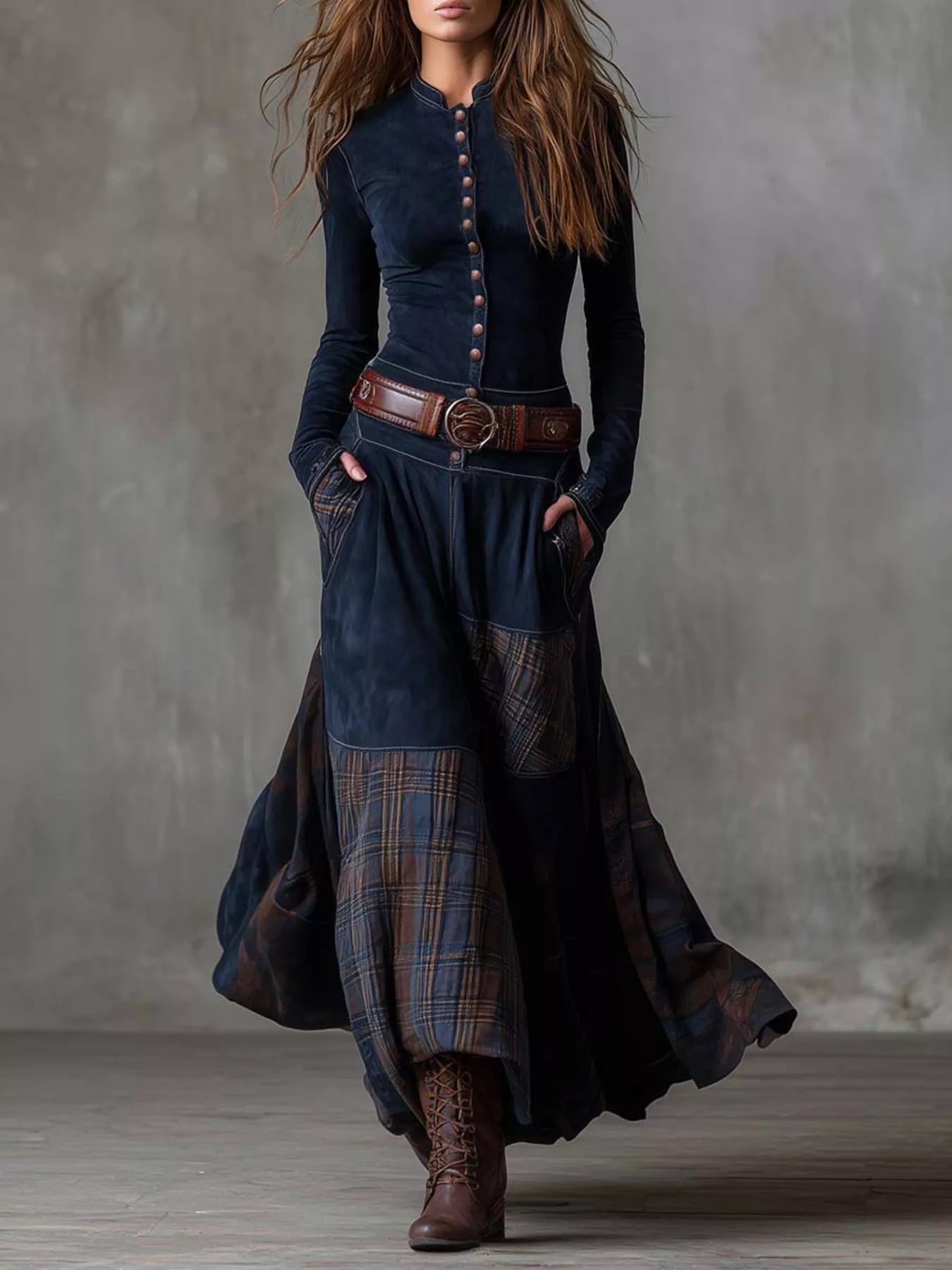 Trendsi Full Size Button Front Plaid Patchwork Maxi Dress Plus Size -