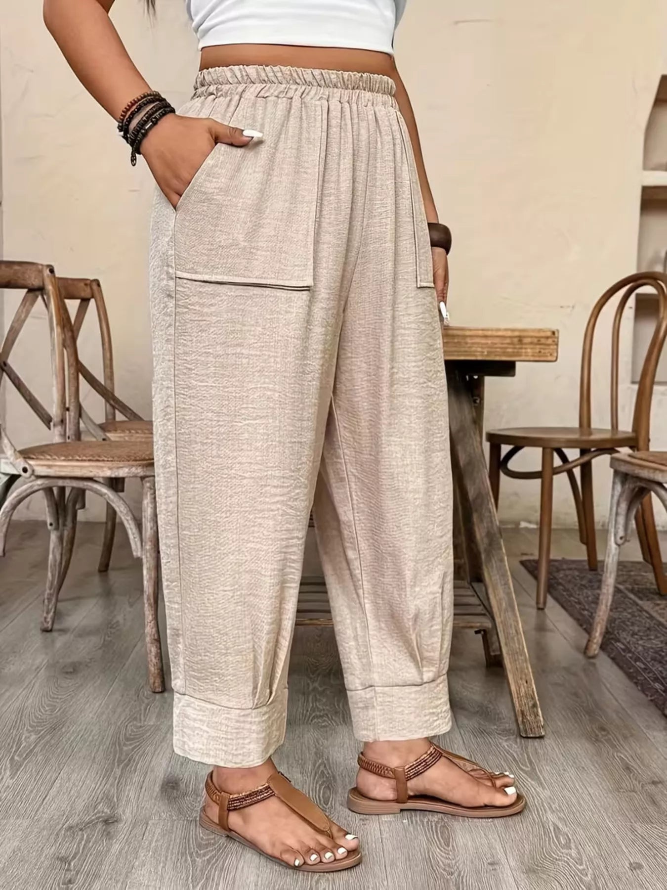 Trendsi Plus Size High-Waisted Elastic Waist Pants with Pockets -
