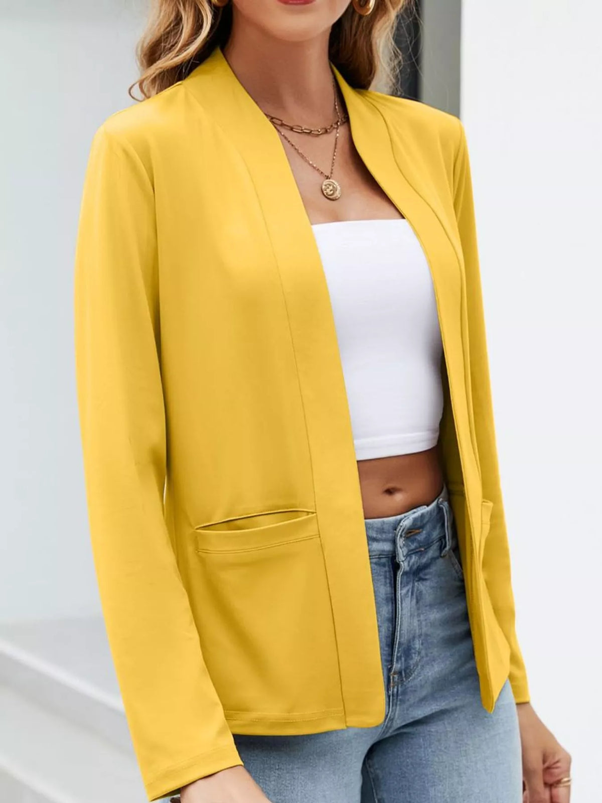 Mandarin neck long sleeve blazer, front view on model