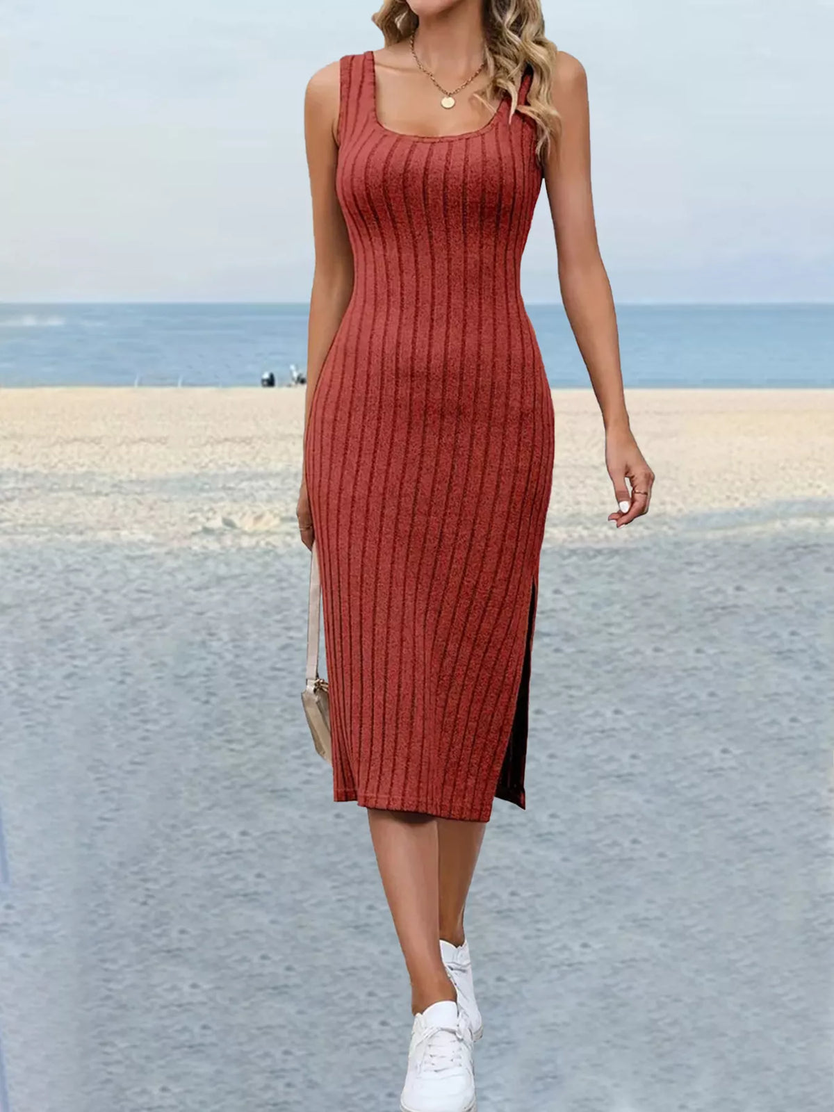 Scoop-neck slit dress, rust full front