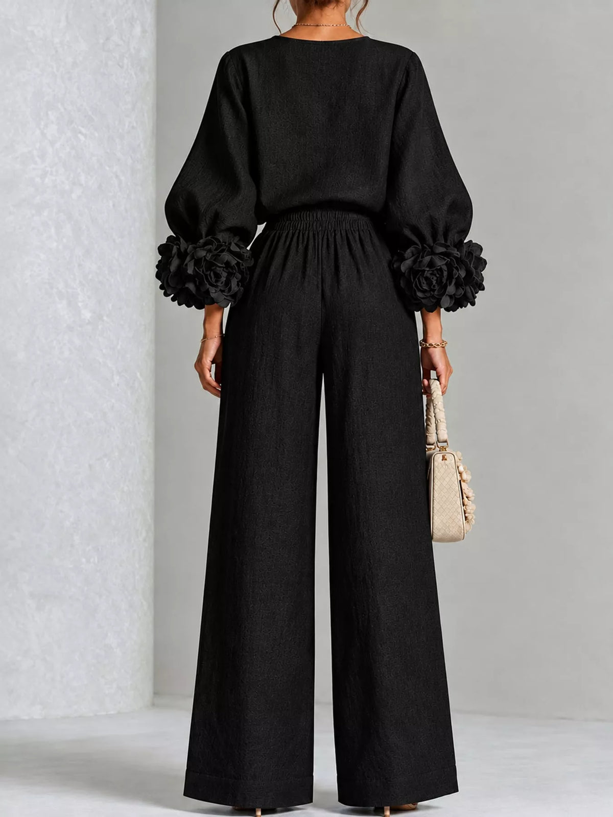 Floral Sleeve Embellishments Top and Pants Set — back view