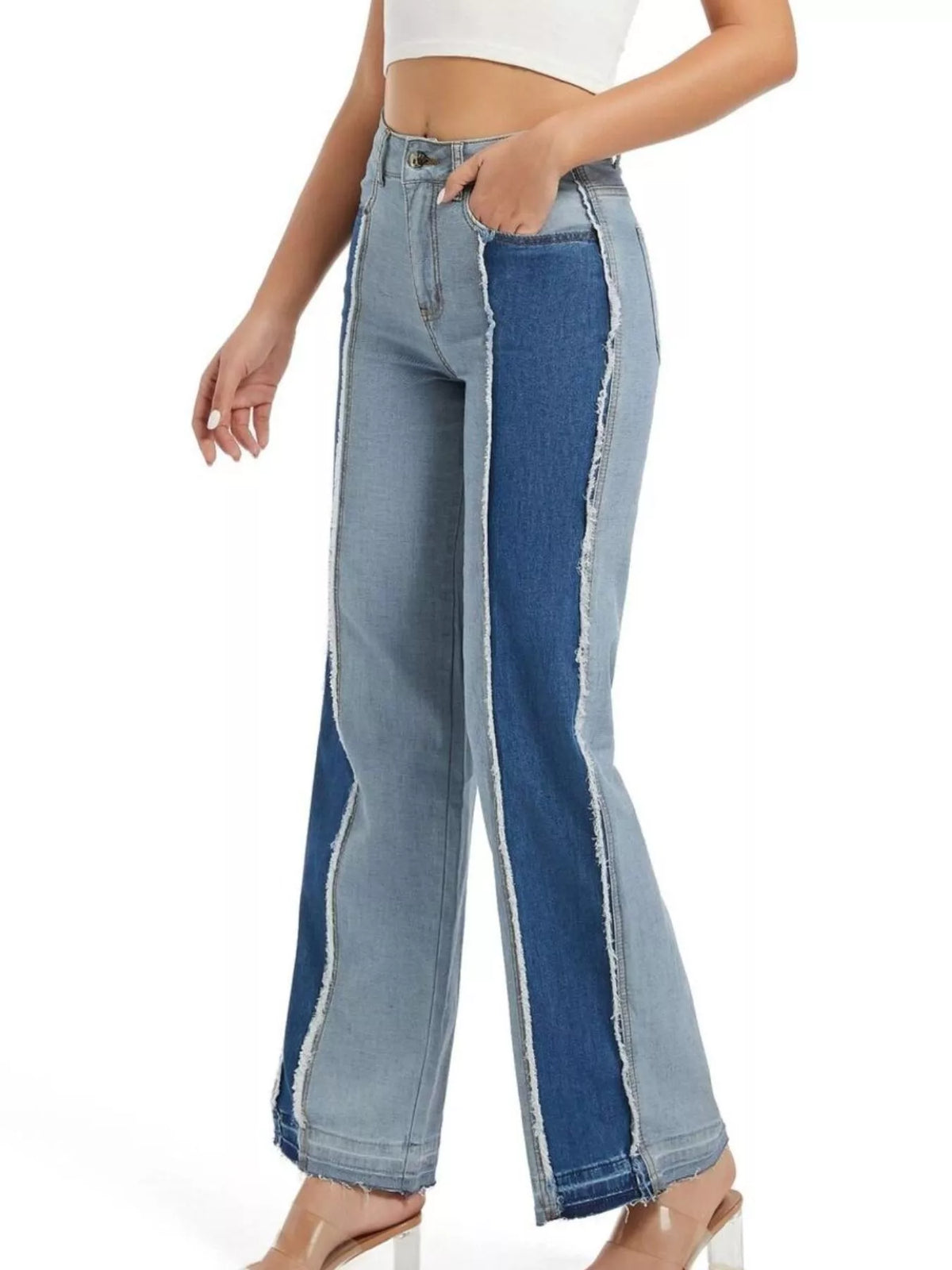 High-Waisted Two Tone Jeans in blue, front view