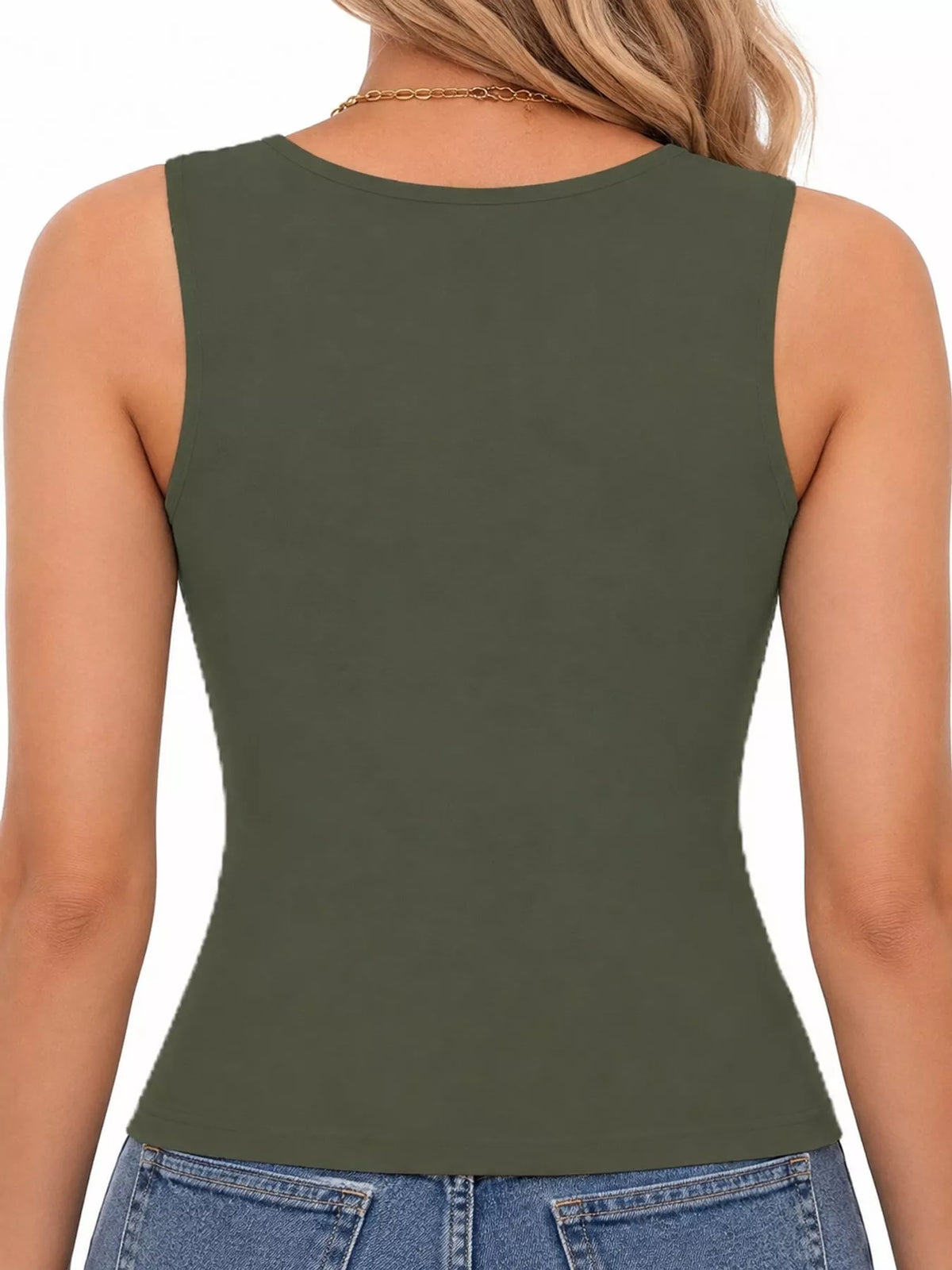 Olive green square-neck tank, back view