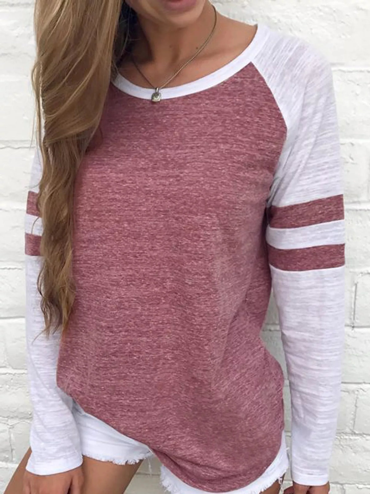 Burgundy color-block raglan sleeve striped t-shirt