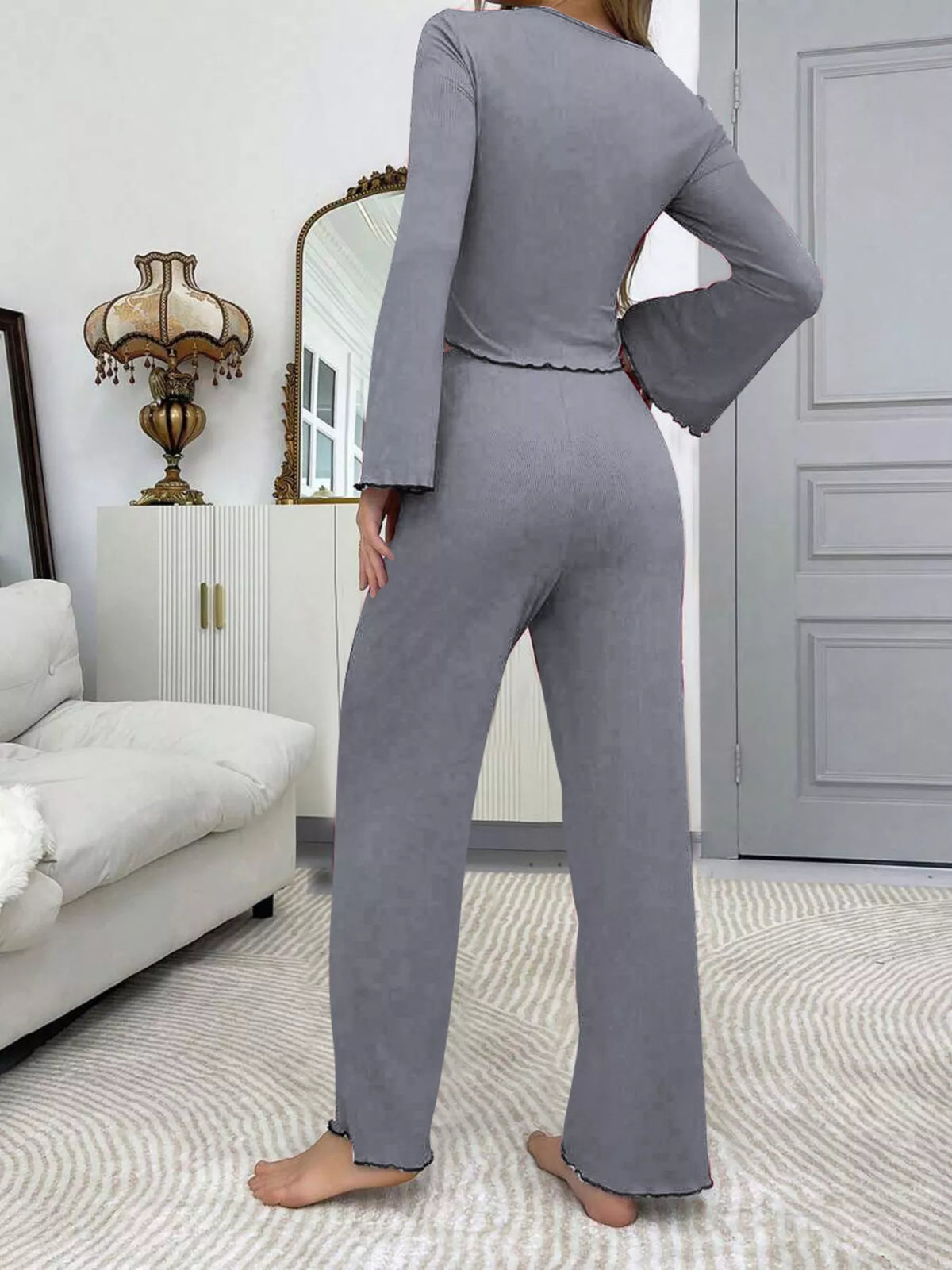 Grey Lace-Trim Flare-Sleeve Top & Pants Lounge Set back view