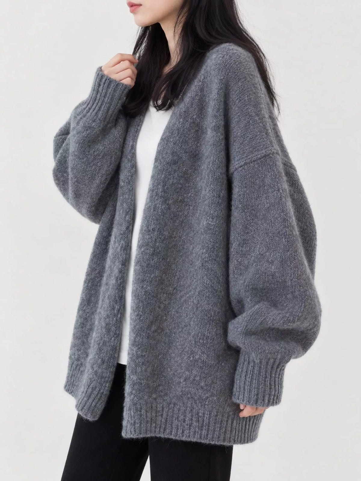 Open Front Dropped Shoulder Cardigan in gray