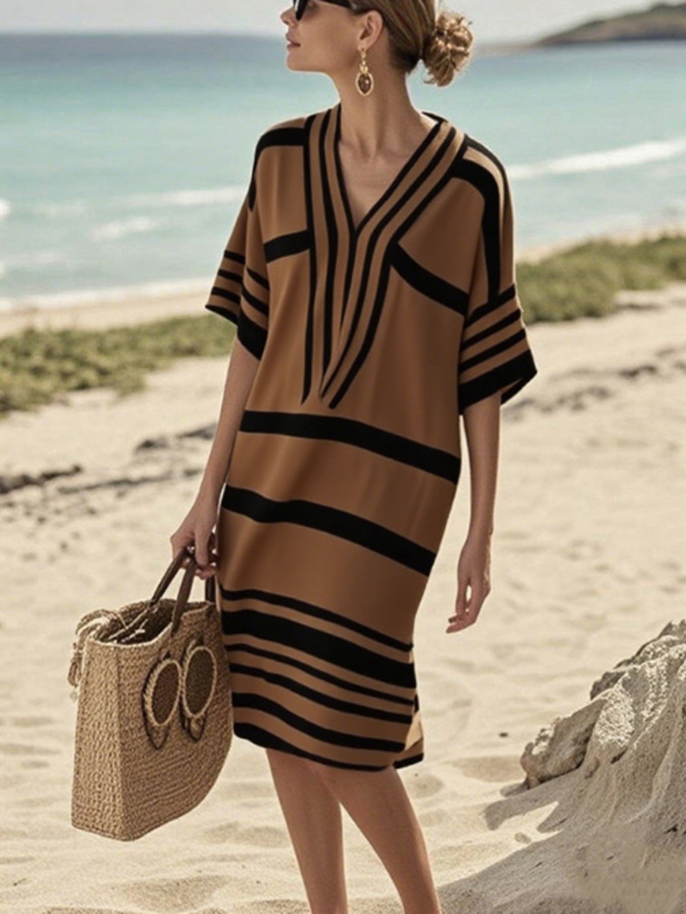 Trendsi Full Size Striped Half Sleeve Midi Dress Plus Size -