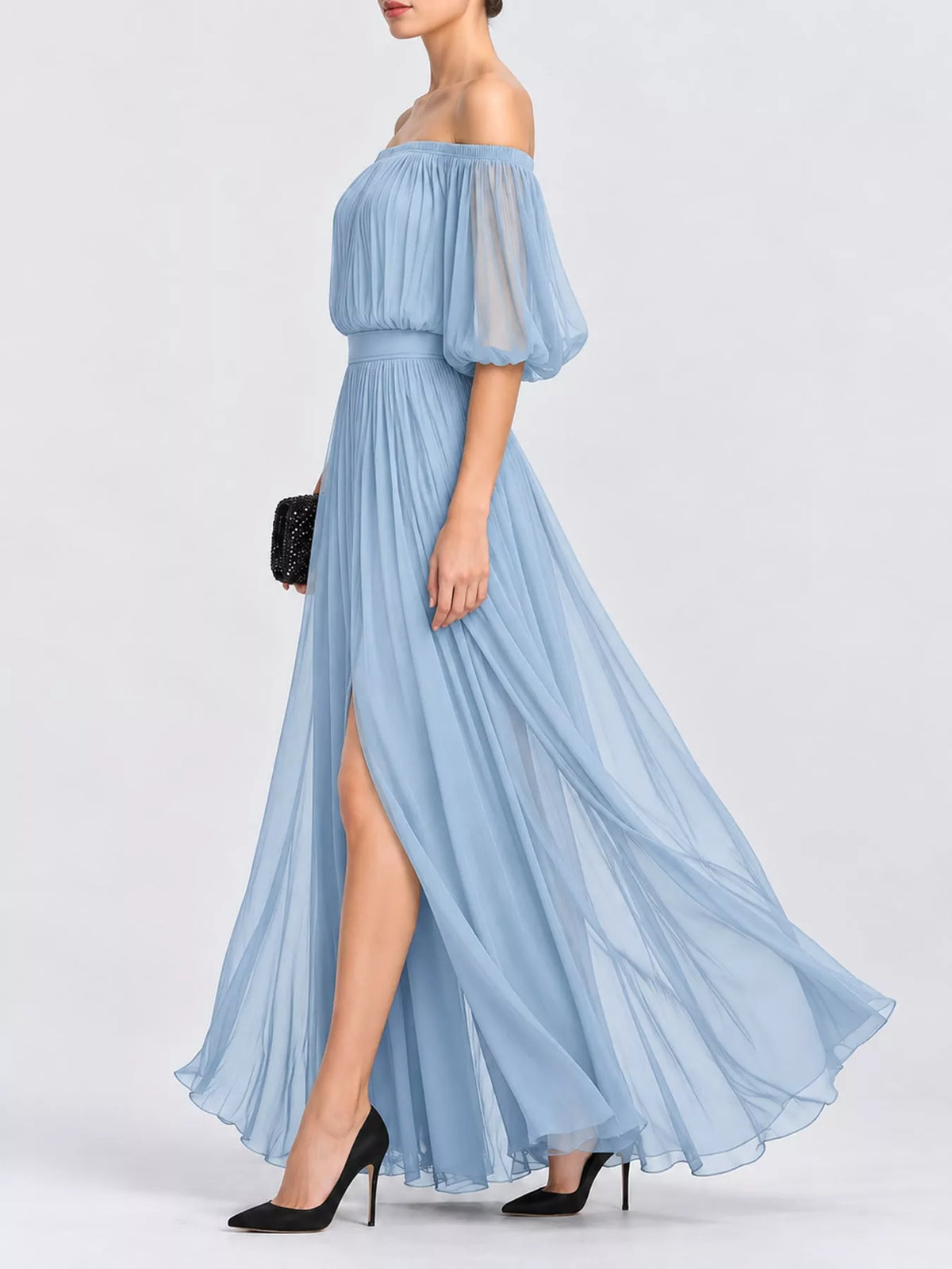 Light blue off shoulder ruched chiffon maxi dress, side view