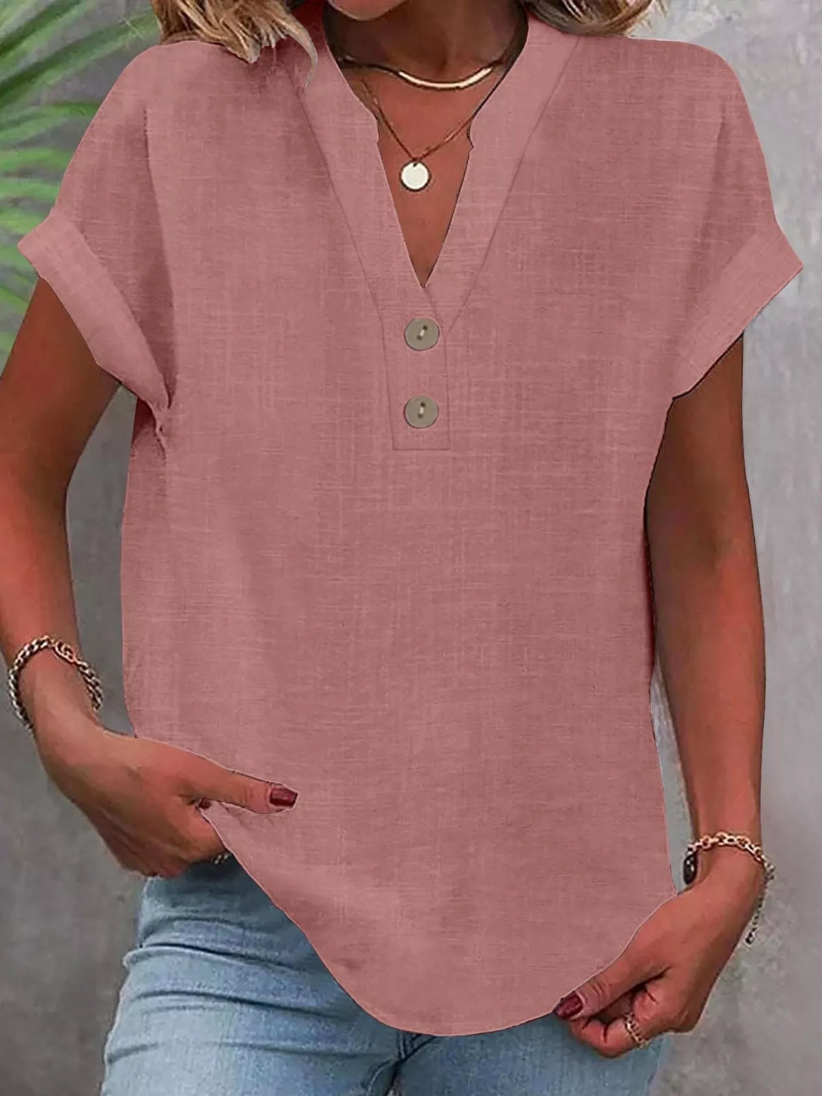 Dusty pink button detail short sleeve blouse, front view