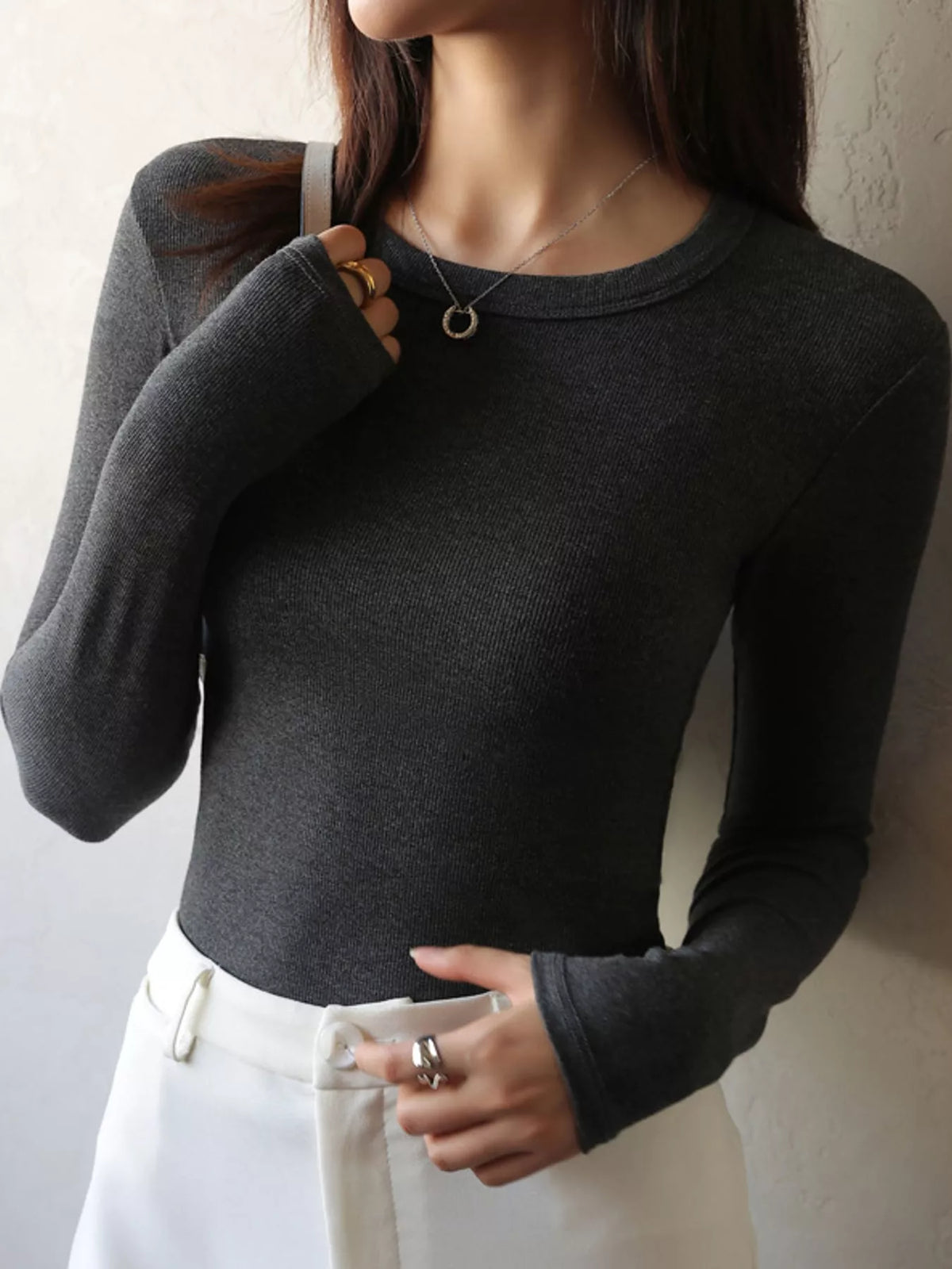Slim-Fit Long Sleeve Crew Neck T-Shirt — front view