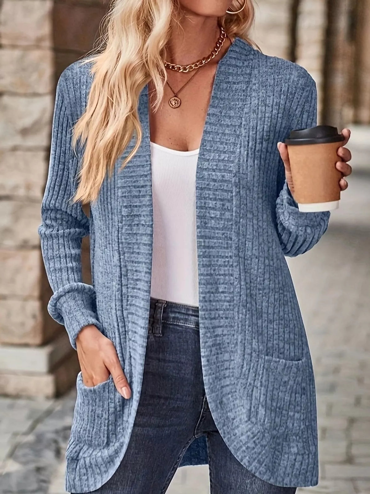 Ribbed Knit Open Front Cardigan with Pockets — front view