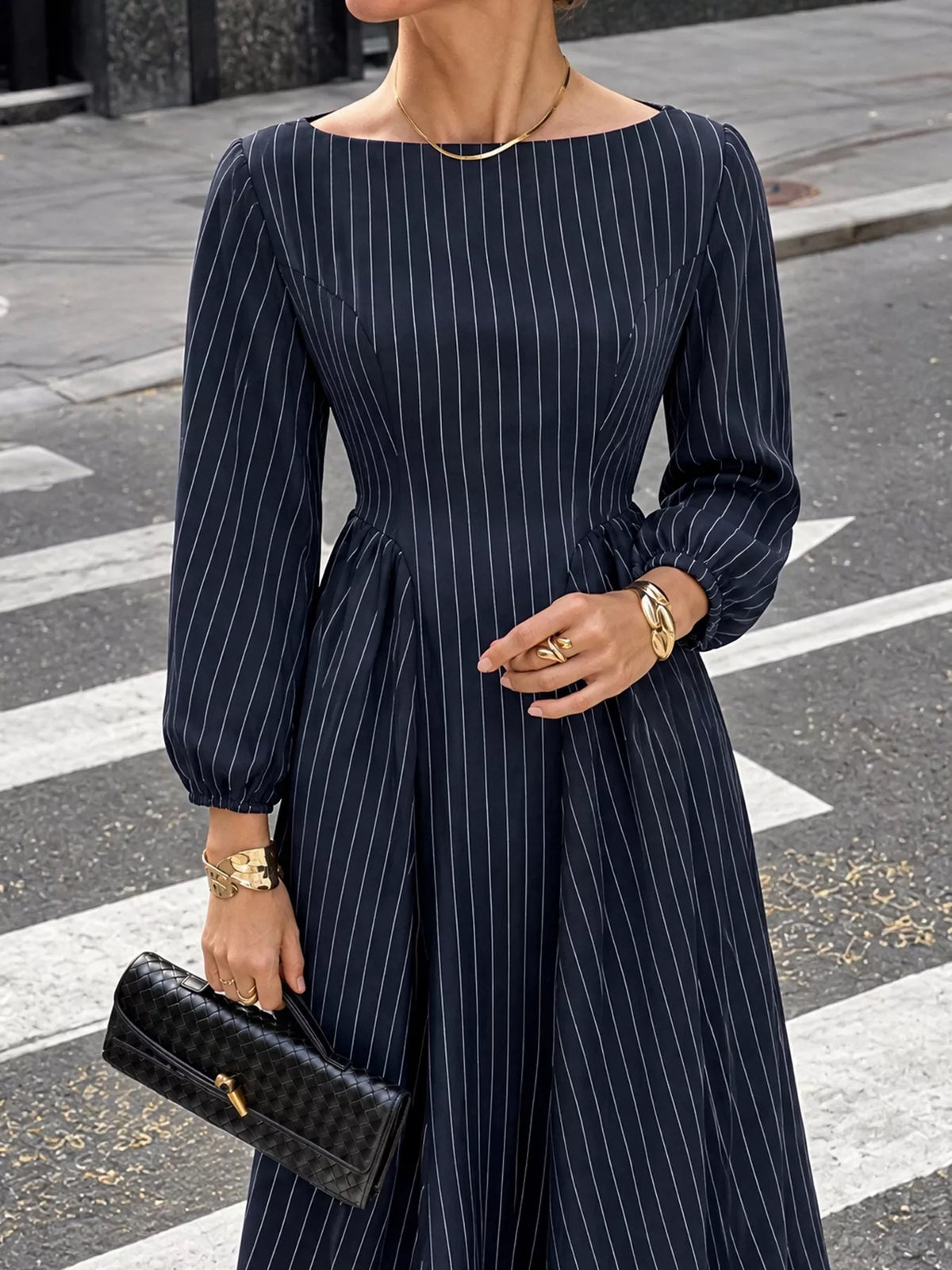 Striped Balloon Sleeve Maxi Dress — front view