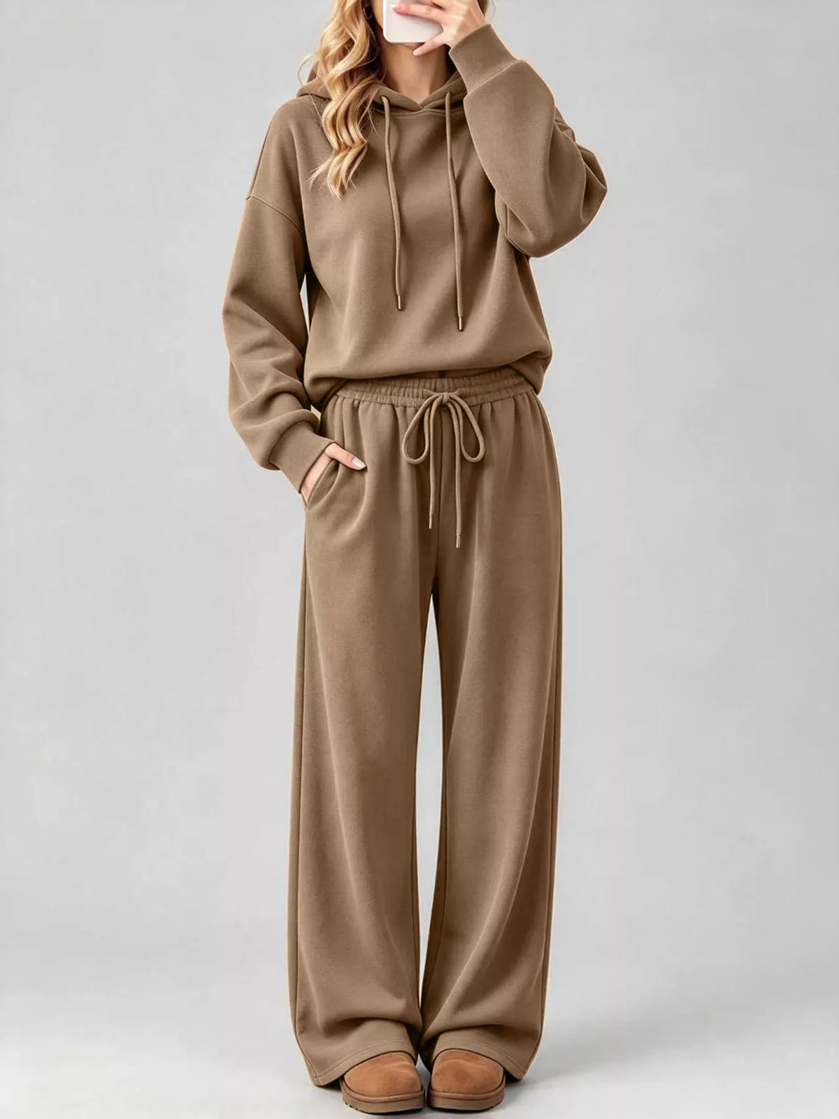 Coffee Brown dropped shoulder hoodie and wide-leg pants set